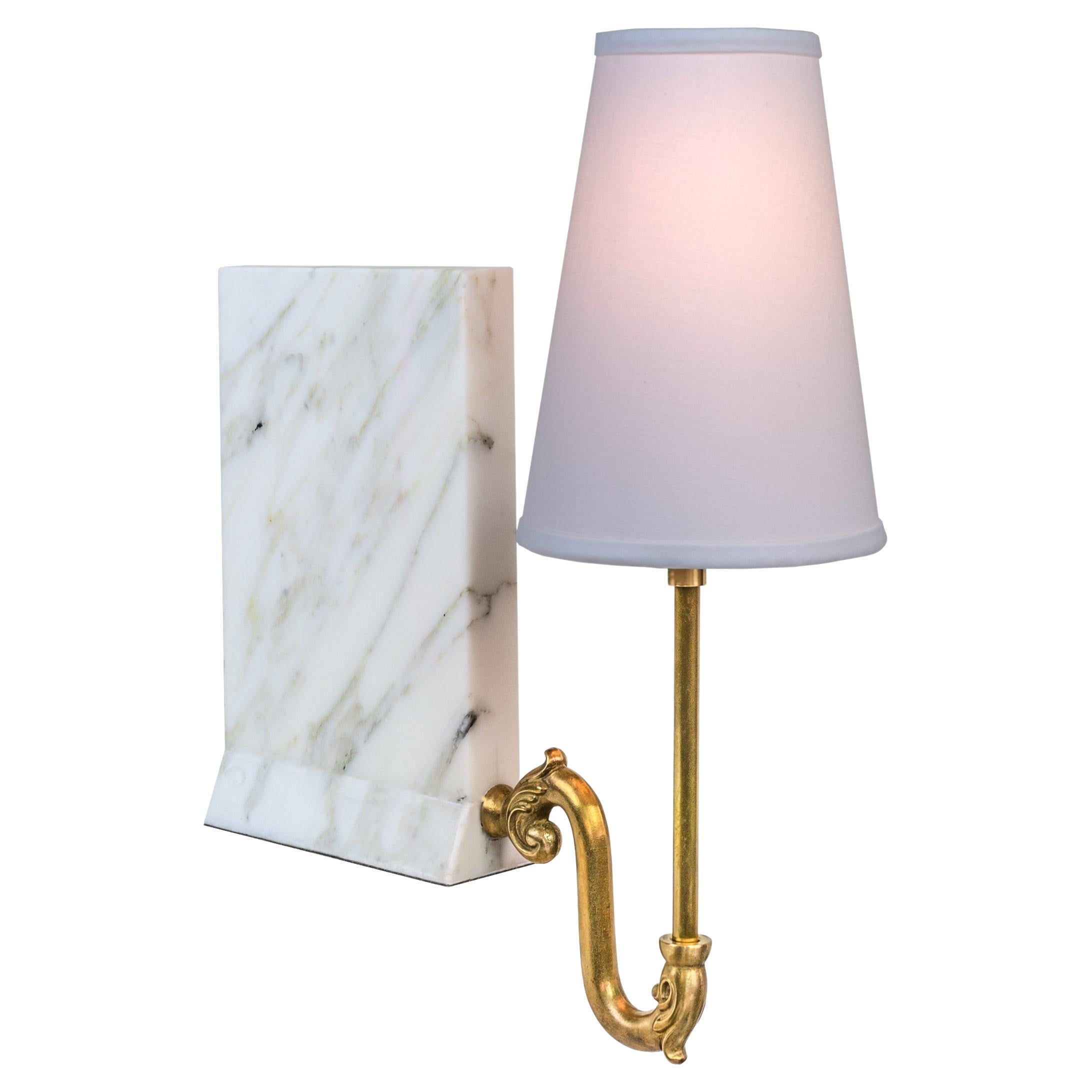Library Sconce, Contemporary Bookshelf Sconce in Carrara Marble, Aged Brass For Sale