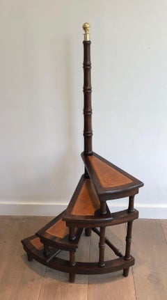 Library Stepladder in Wood, Leather and Brass