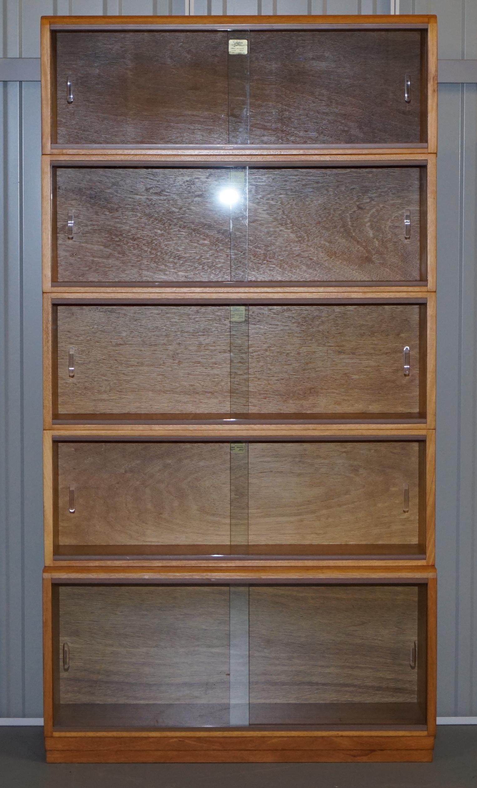 Modern Library Suite of Three Large Vintage Gold Oak Legal Library Bookcases Glass Door