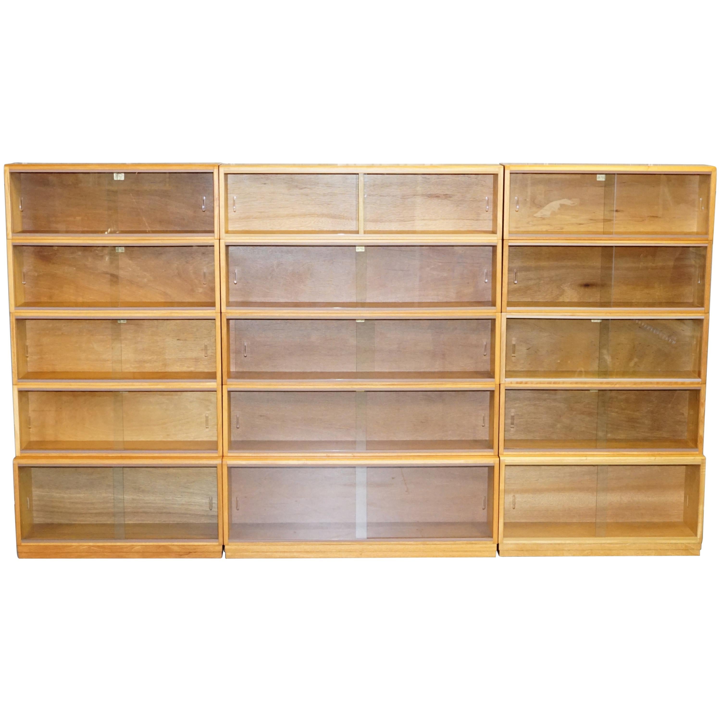 Library Suite of Three Large Vintage Gold Oak Legal Library Bookcases Glass Door