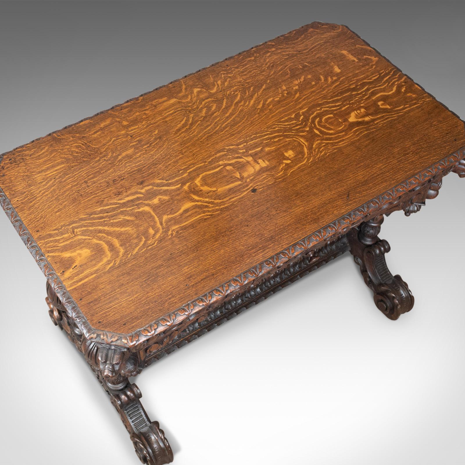Library Table Victorian Gothic Revival Scottish Oak Carved Side, circa 1880 In Good Condition In Hele, Devon, GB
