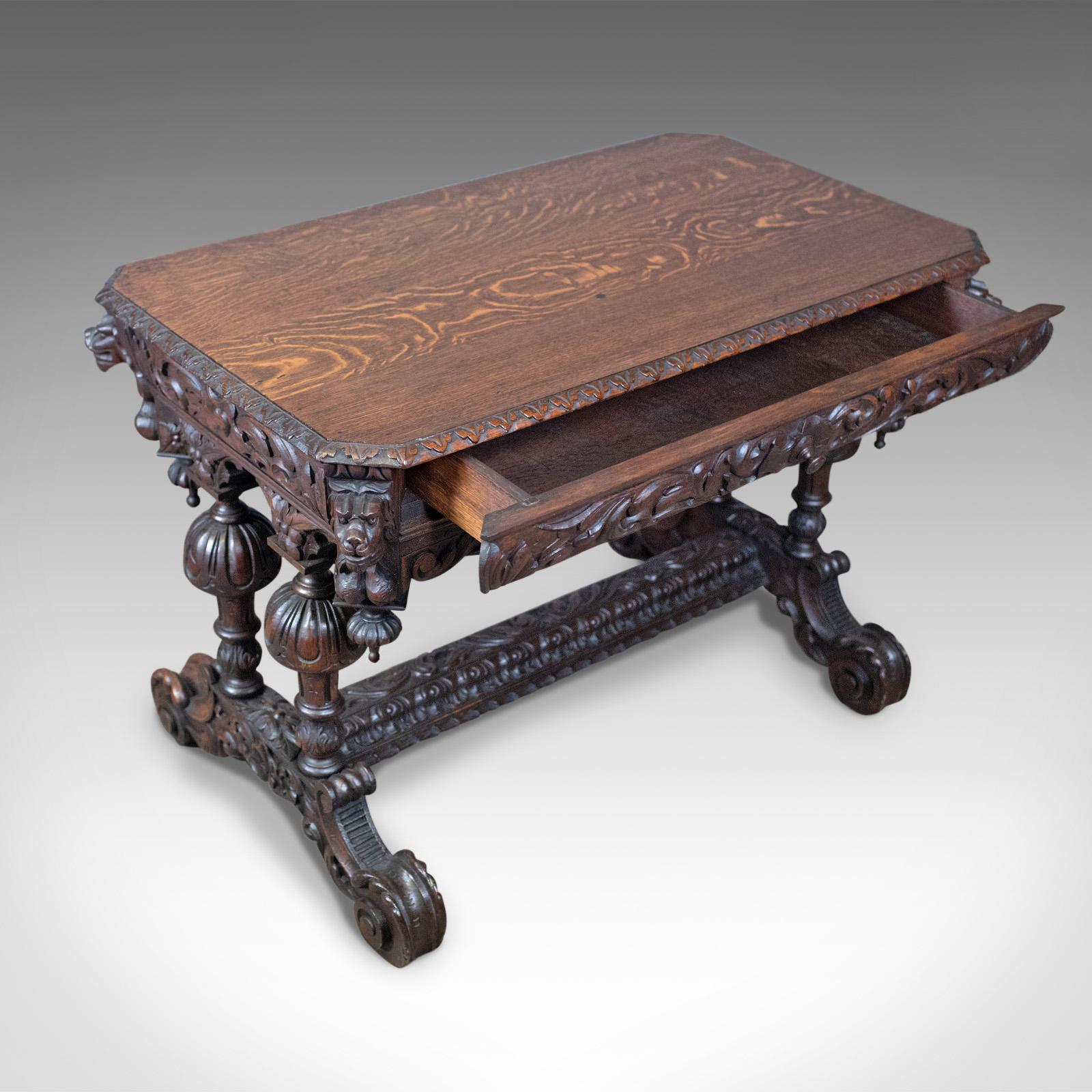 Library Table Victorian Gothic Revival Scottish Oak Carved Side, circa 1880 1