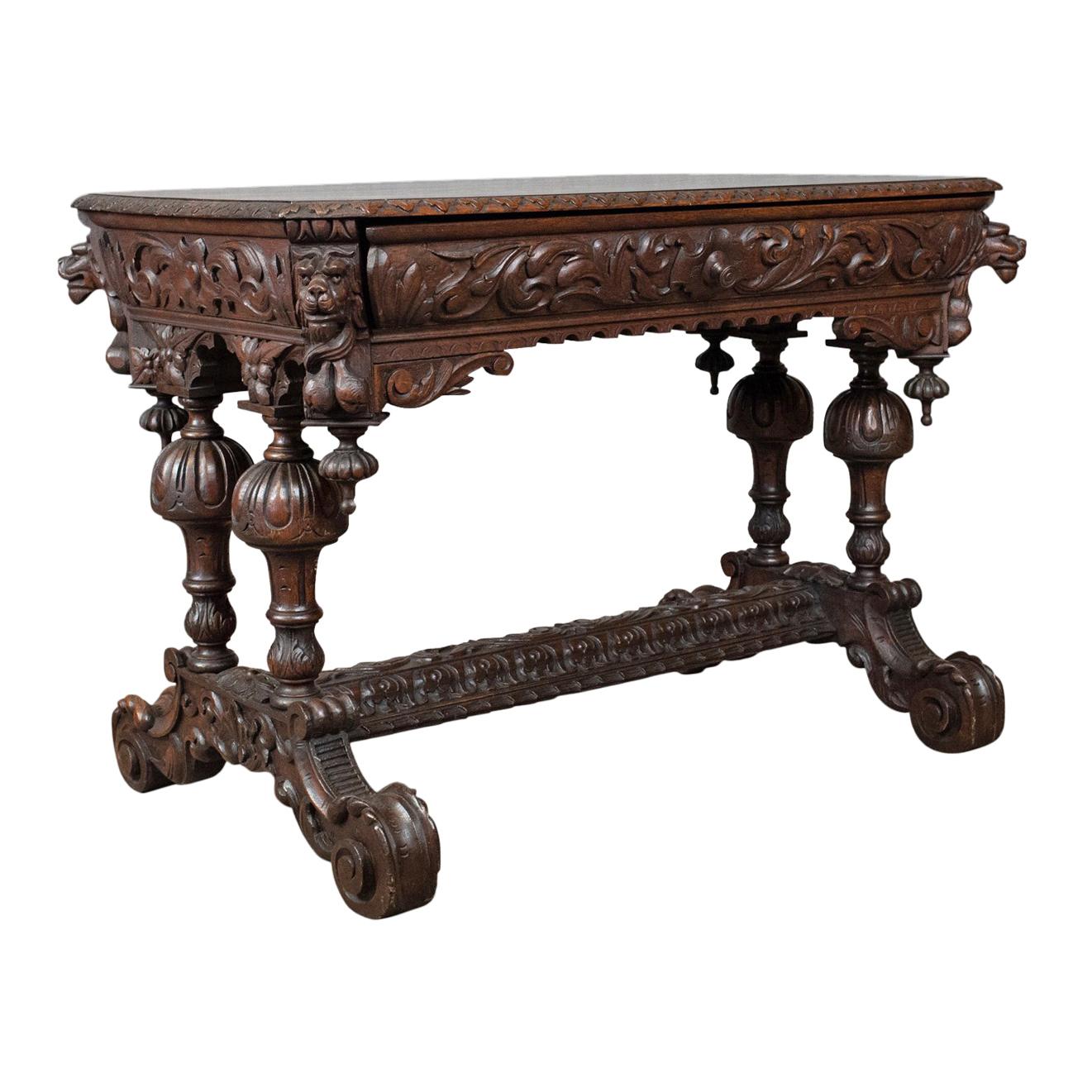 Library Table Victorian Gothic Revival Scottish Oak Carved Side, circa 1880