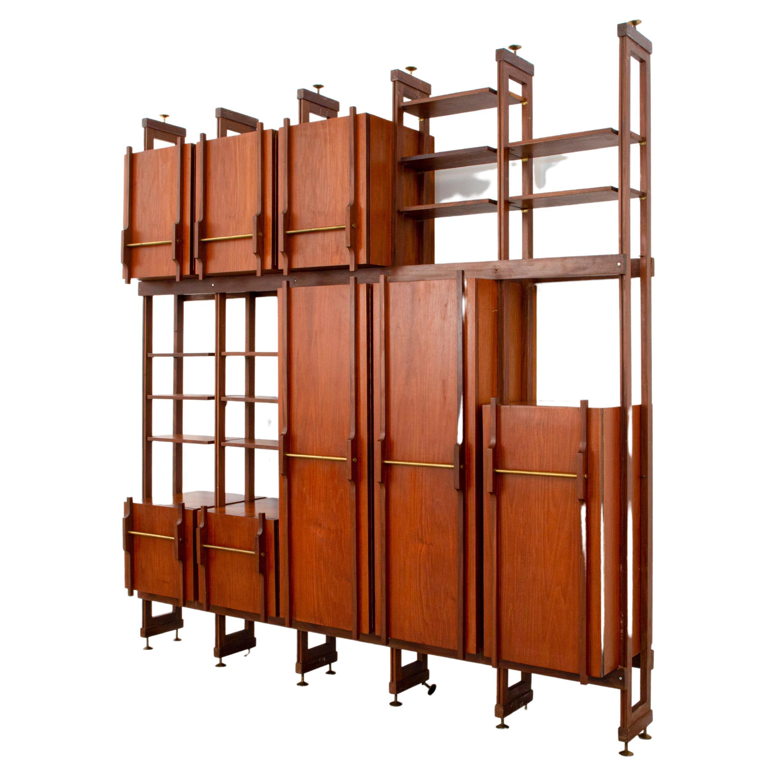 Library / Wardrobe in Teak, Walnut and Brass, Italy, 1960's