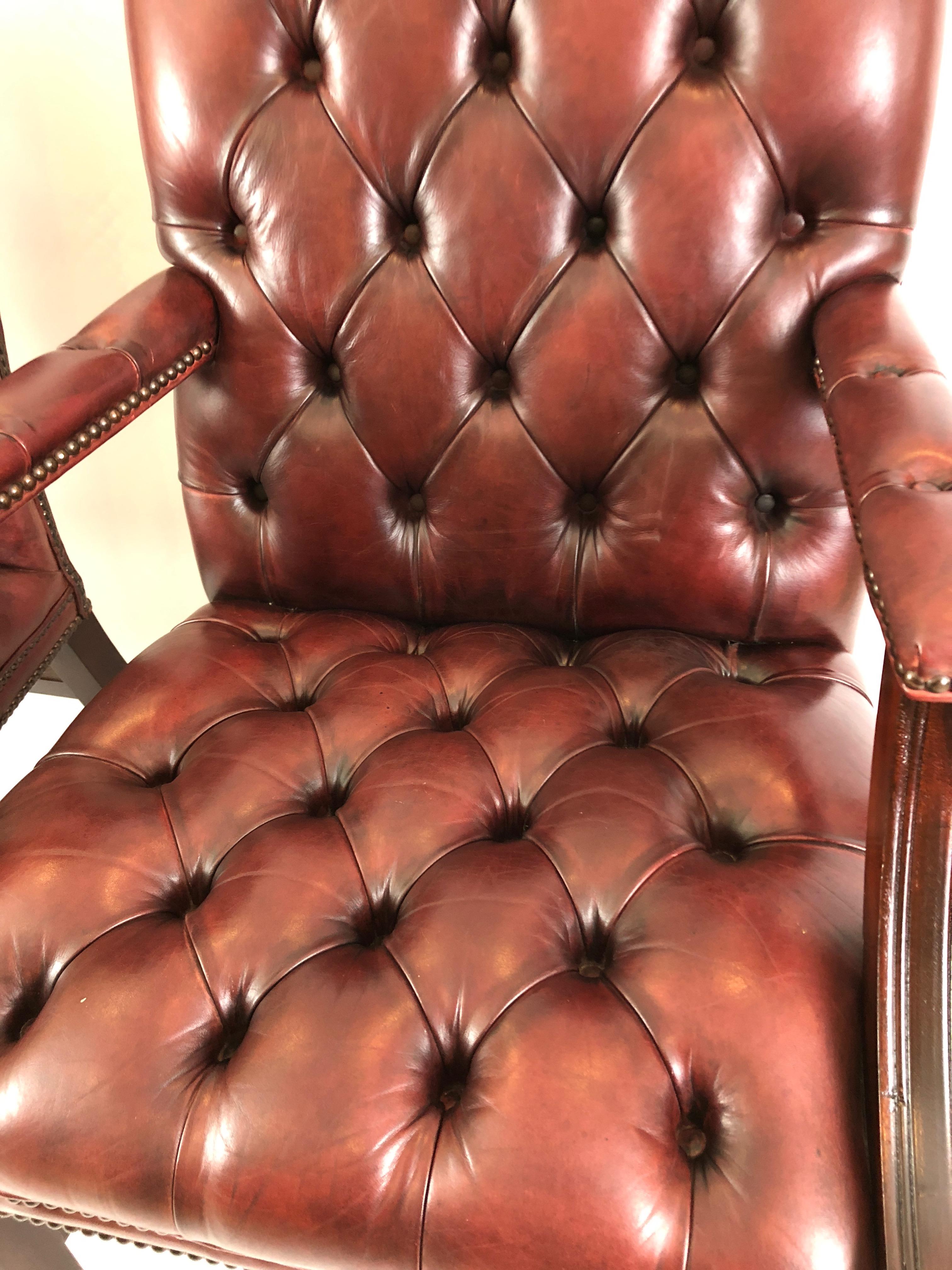 Mid-20th Century Libraryish Pair of Chesterfield Sumptuous Tufted Leather Armchairs