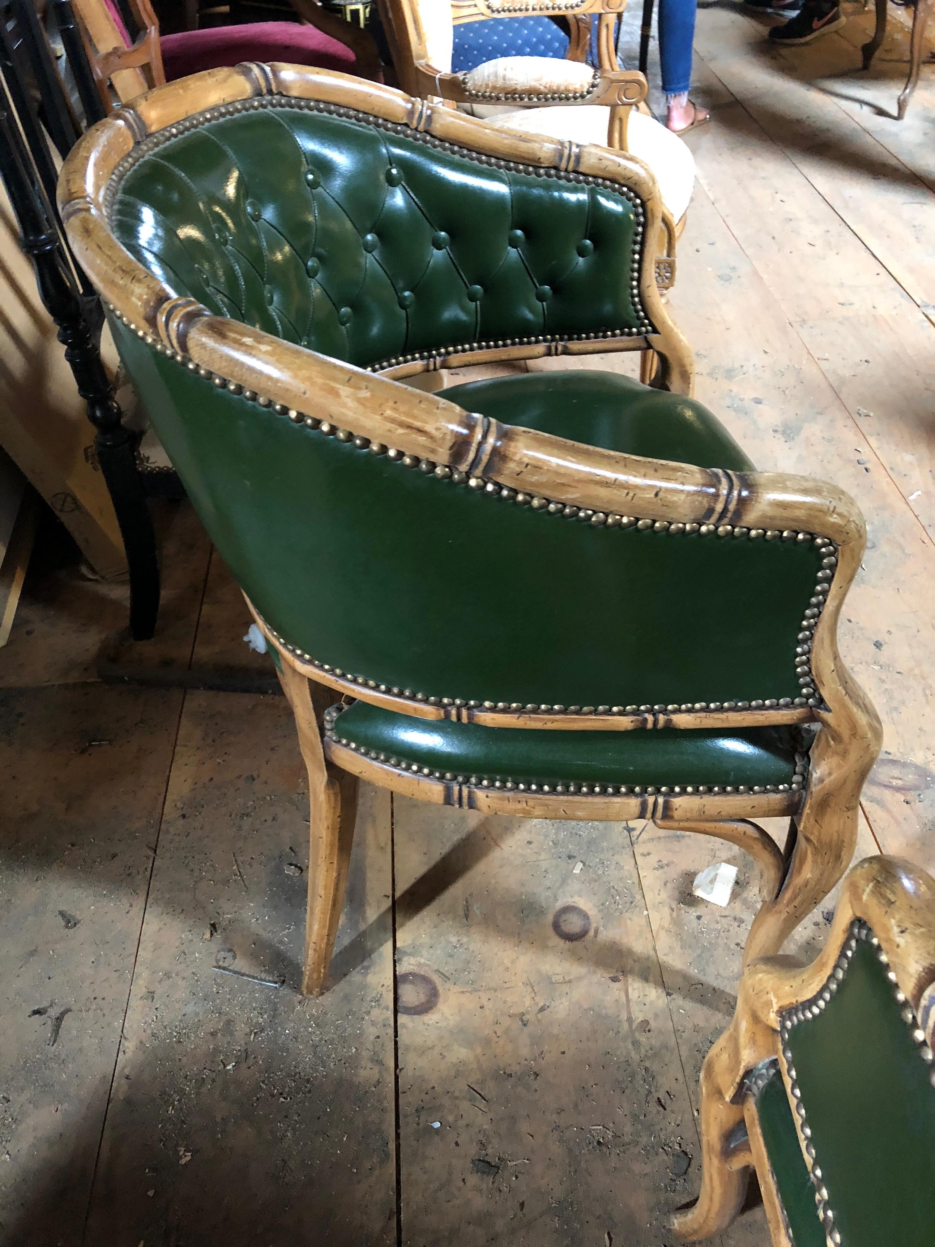 Mid-20th Century Libraryish Set of Three-Piece Green Tufted Faux Leather and Bamboo Salon Suite