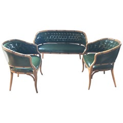 Vintage Libraryish Set of Three-Piece Green Tufted Faux Leather and Bamboo Salon Suite