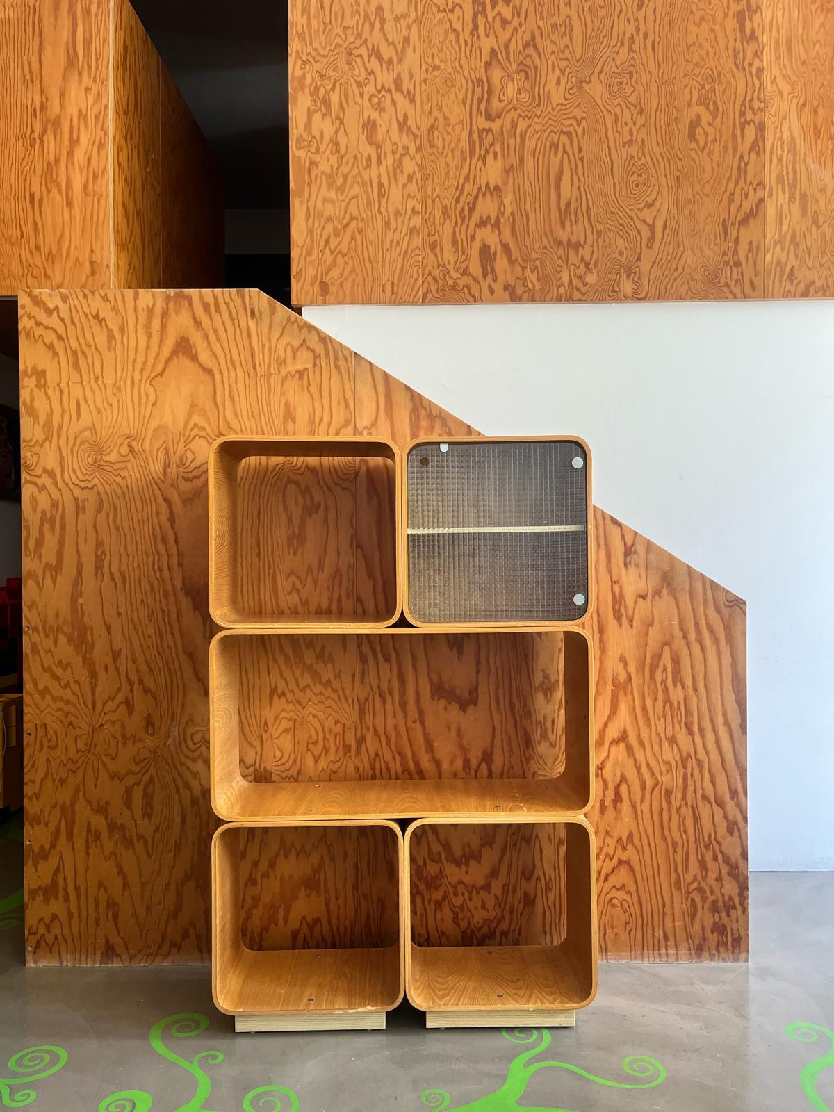 Bent oak sectional bookcase, Fiarm, Italy, 1960s

A modular bookcase produced by Fiarm in the 1960s, made of curved oak plywood, it stands out for its handcrafted quality, with a finish that enhances the natural grain of the wood.
Consisting of five