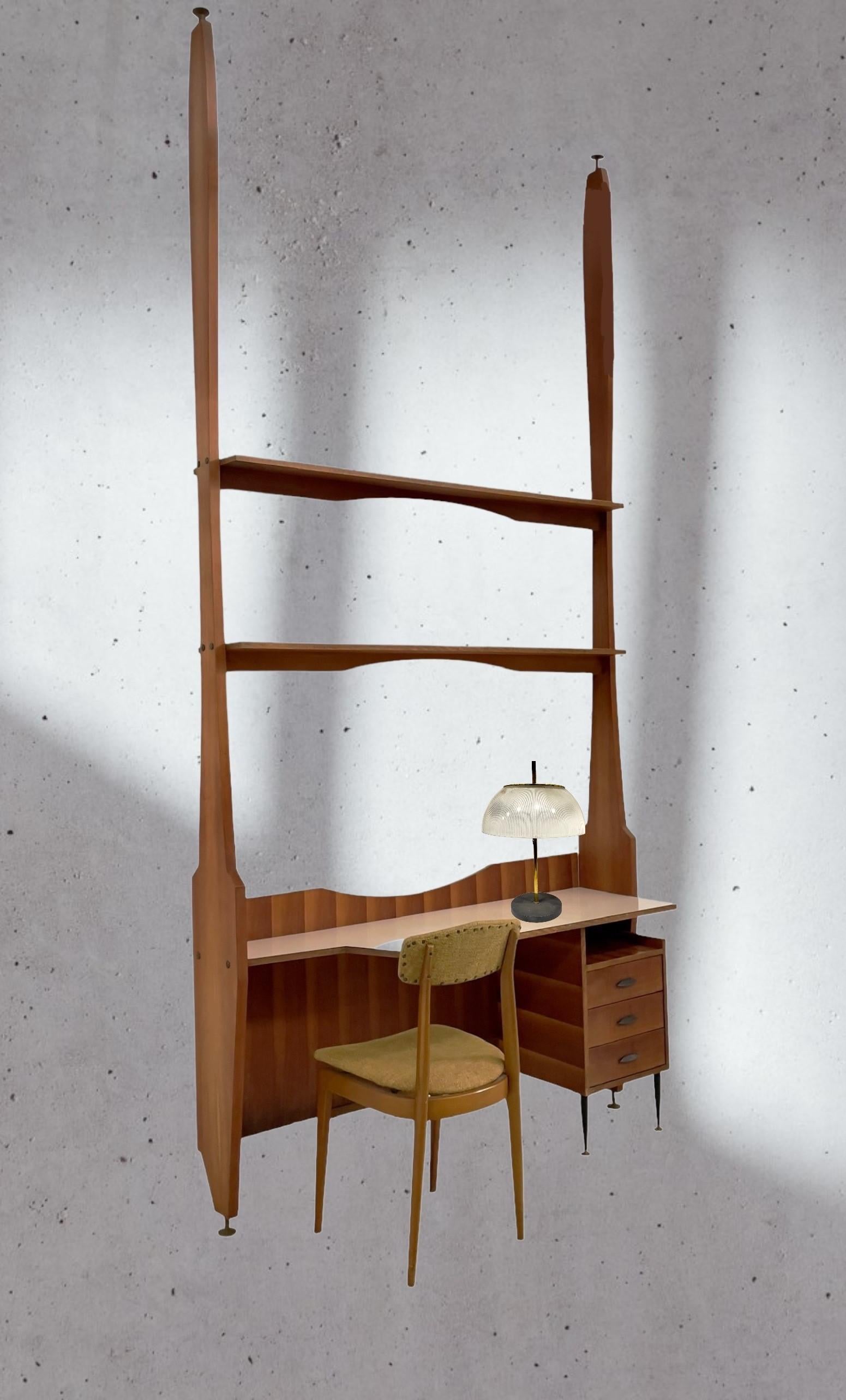 Beautiful bookcase with top for desk use complete with chair. Italian manufacture, 1950s.