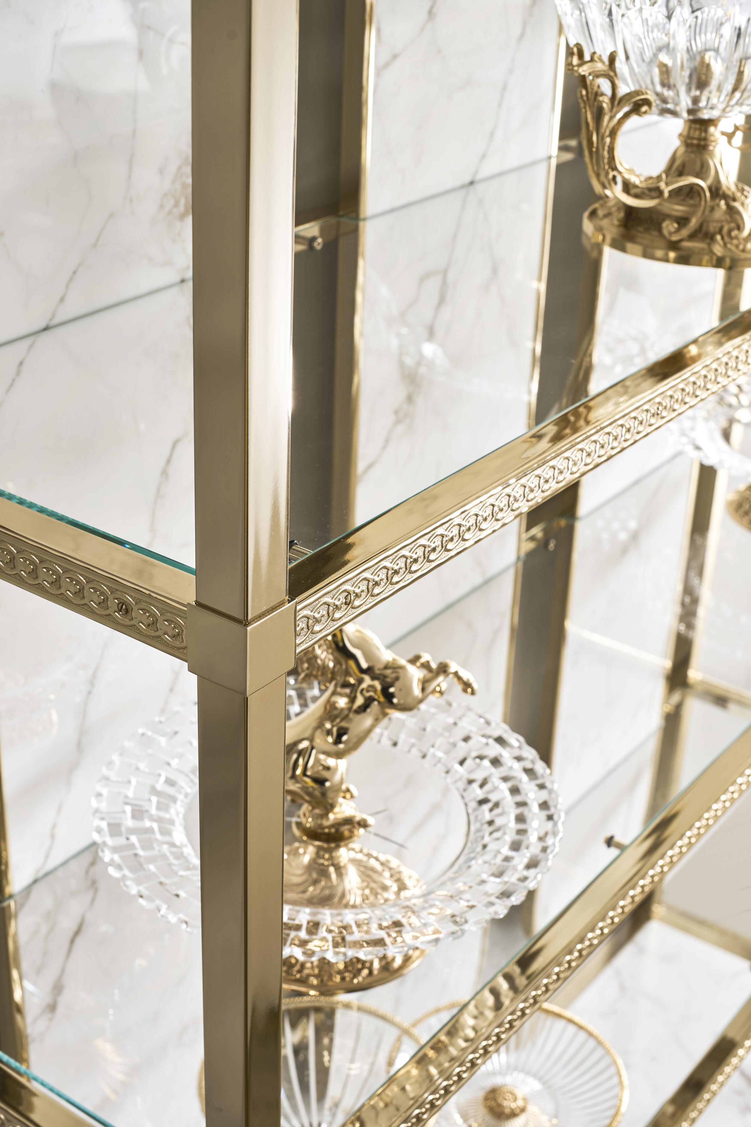 Italian EL030 bookcase made of gold-plated metal, glass and Calacatta Oro marble For Sale