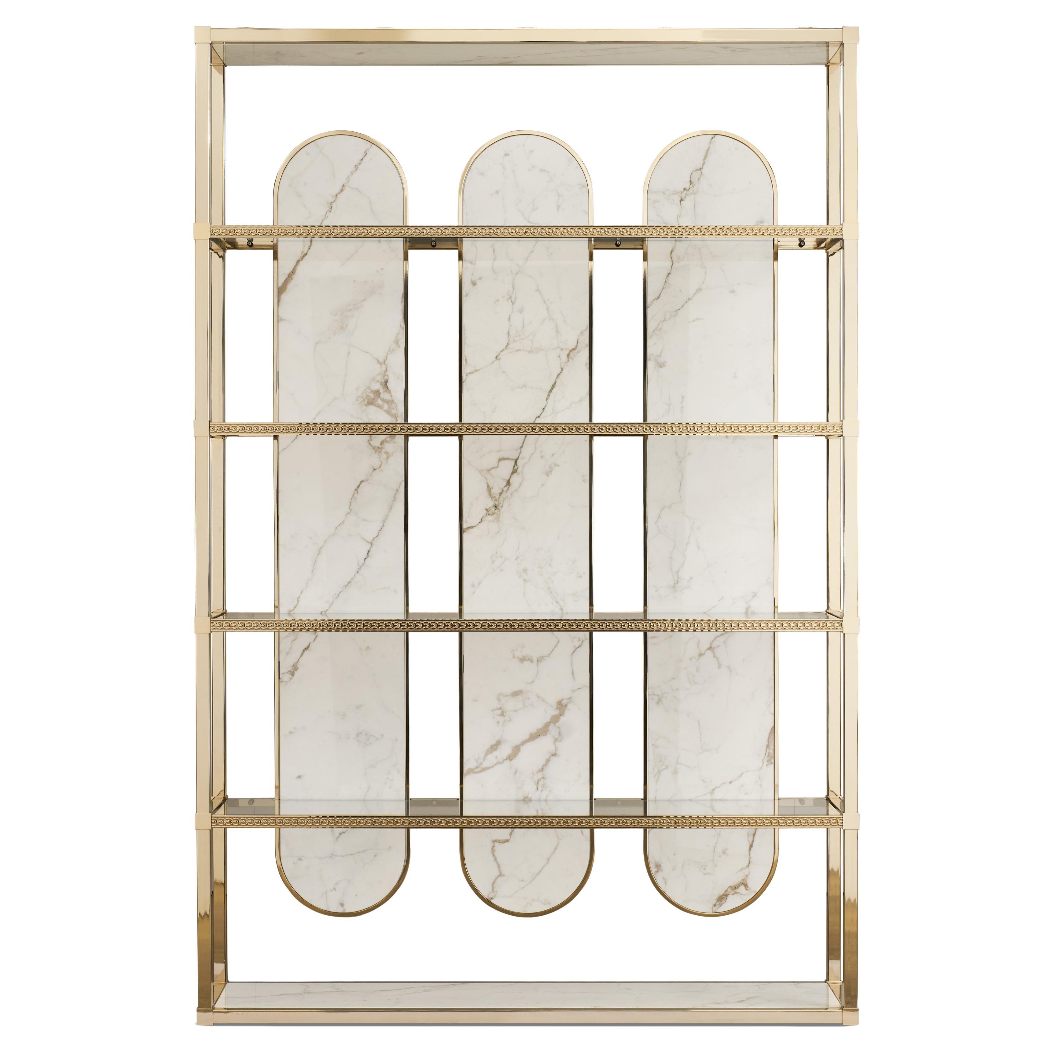 EL030 bookcase made of gold-plated metal, glass and Calacatta Oro marble For Sale