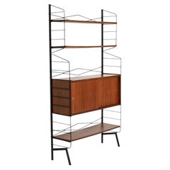 Libreria in metallo con vano contenitore in teak, anni '50-'60