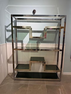 Chrome Metal and Brass Minimalist Bookcase Romeo rega 1970 Italy