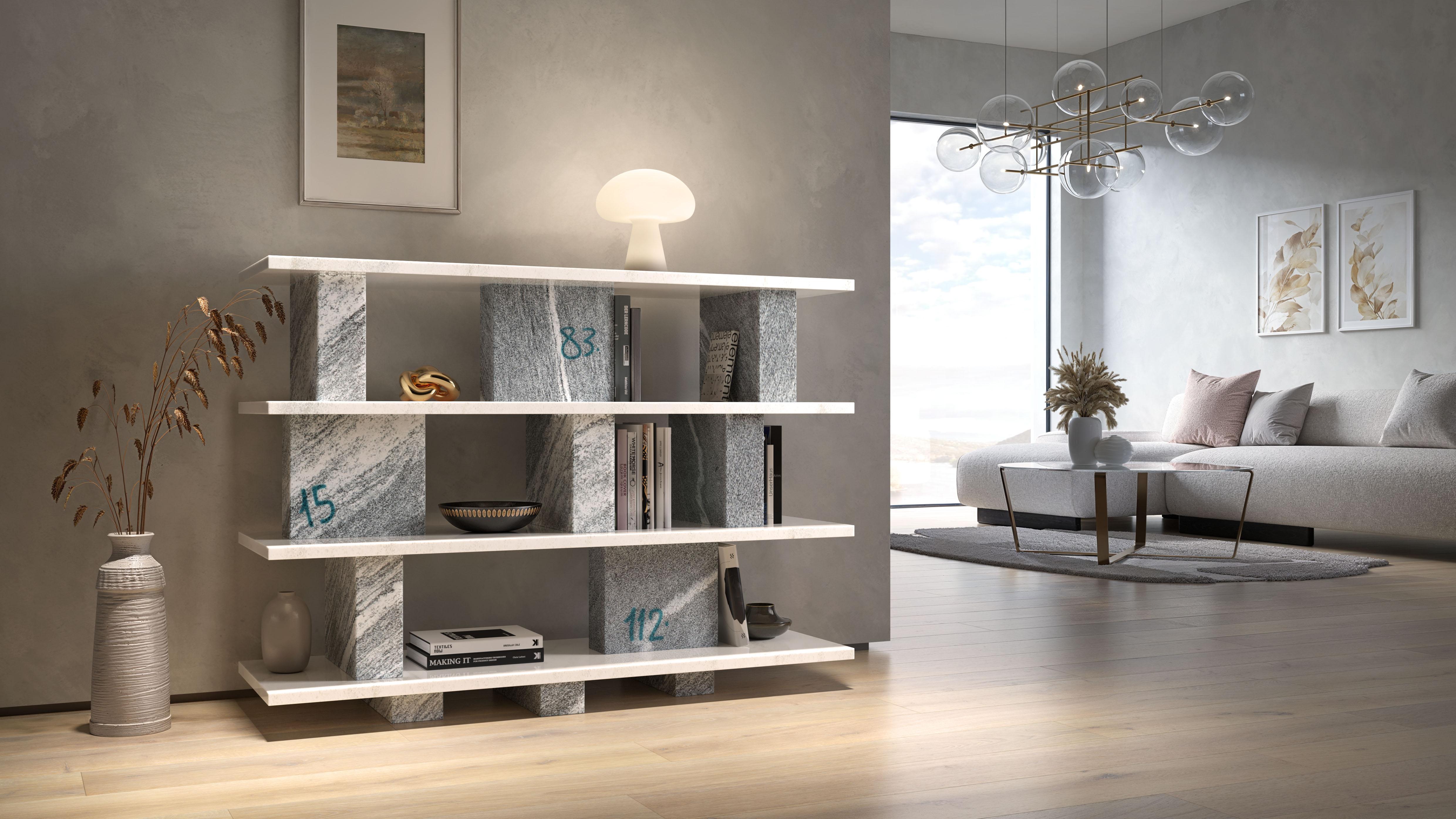 Libreria Lavizzara es un homenaje a la cantera Cristallina, de donde procede su materia prima. Realizada en mármol y granito, esta escultura funcional mantiene la esencia bruta de los bloques recién extraídos, al tiempo que conserva los números