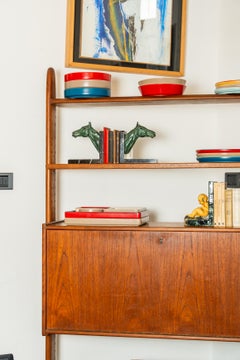 Modular Wooden Wall Unit with Adjustable Shelves and Drop-Front Bar, Italy, 1970