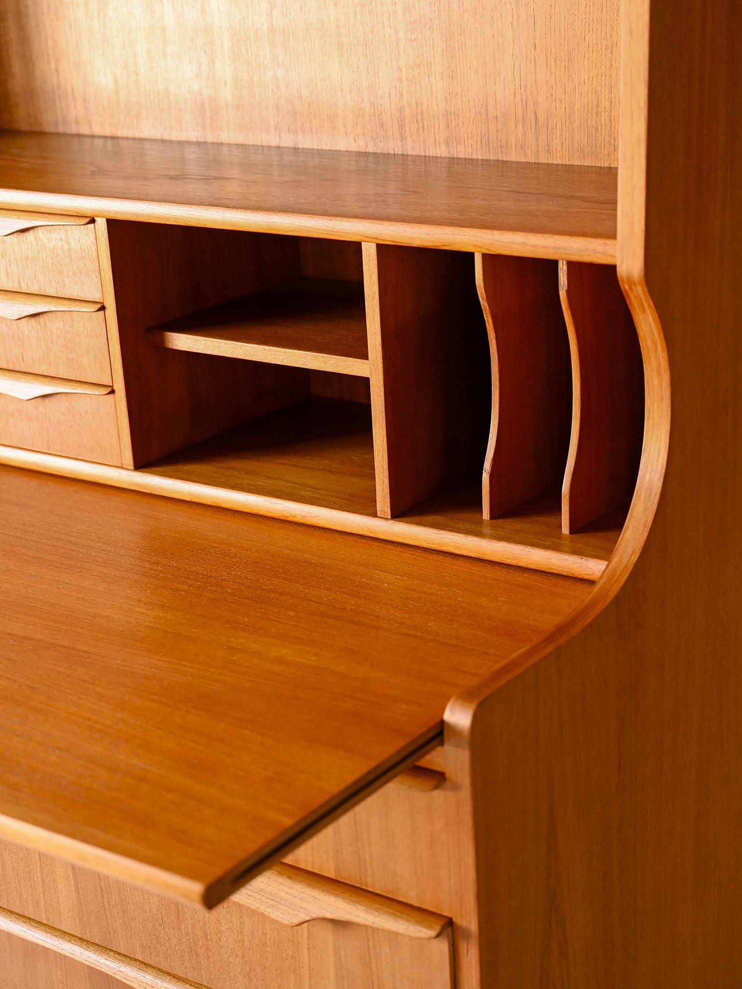 Teak Scandinavian bookcase with foldaway desk For Sale