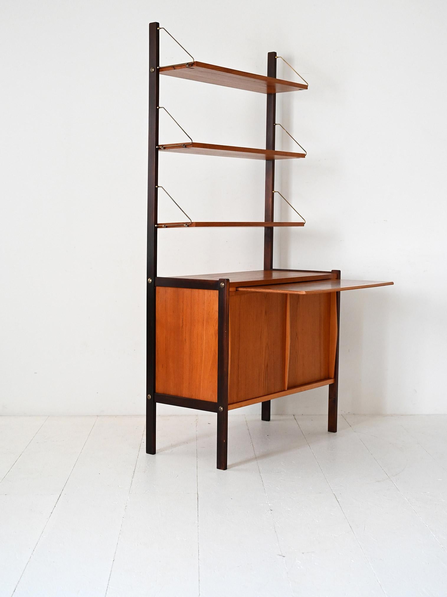 Mid-20th Century Vintage Scandinavian bookcase with pull-out desk and brass pulls For Sale