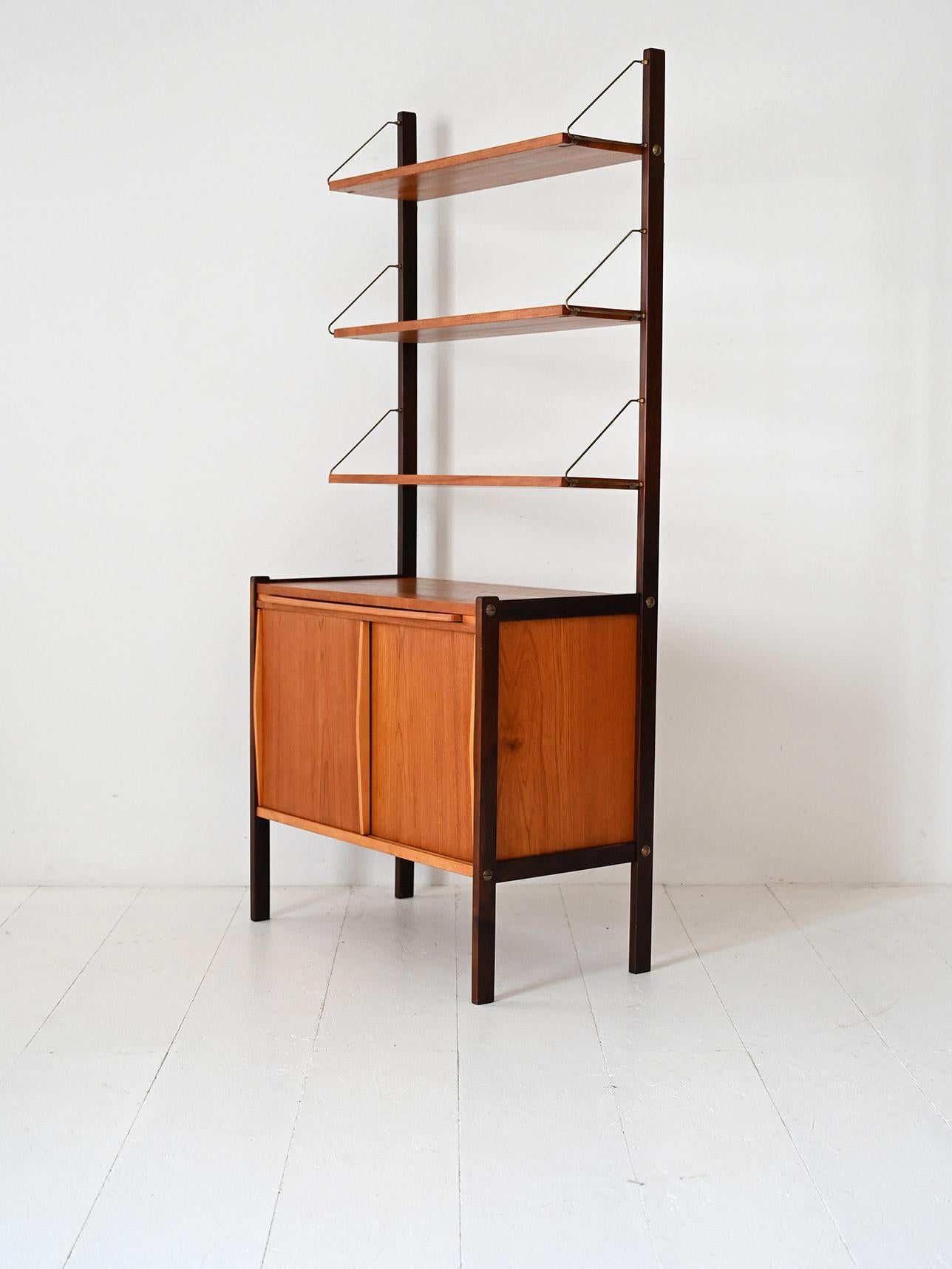 Wood Vintage Scandinavian bookcase with pull-out desk and brass pulls For Sale