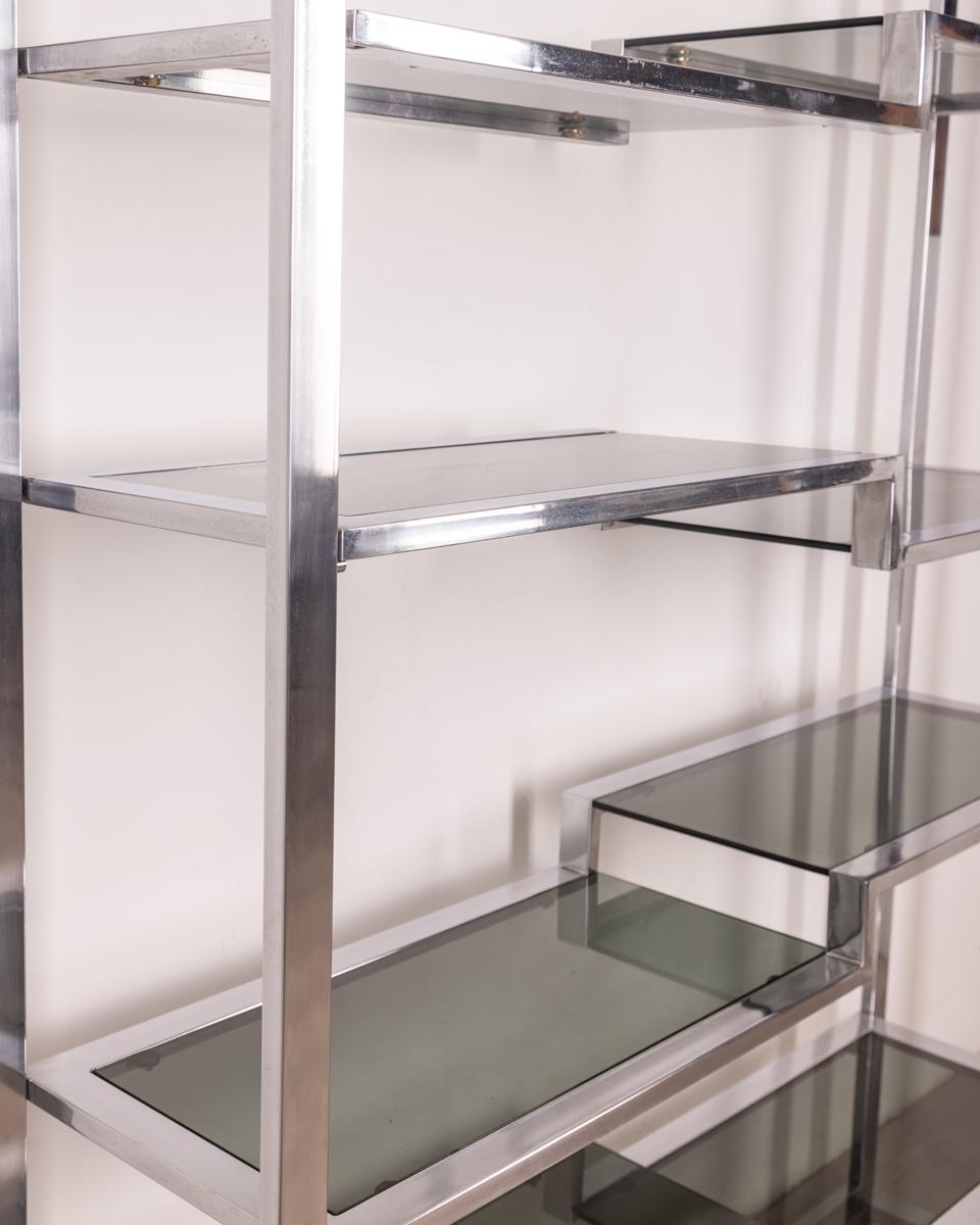 Vintage 1970s chrome metal and glass bookcase Italian design For Sale 5