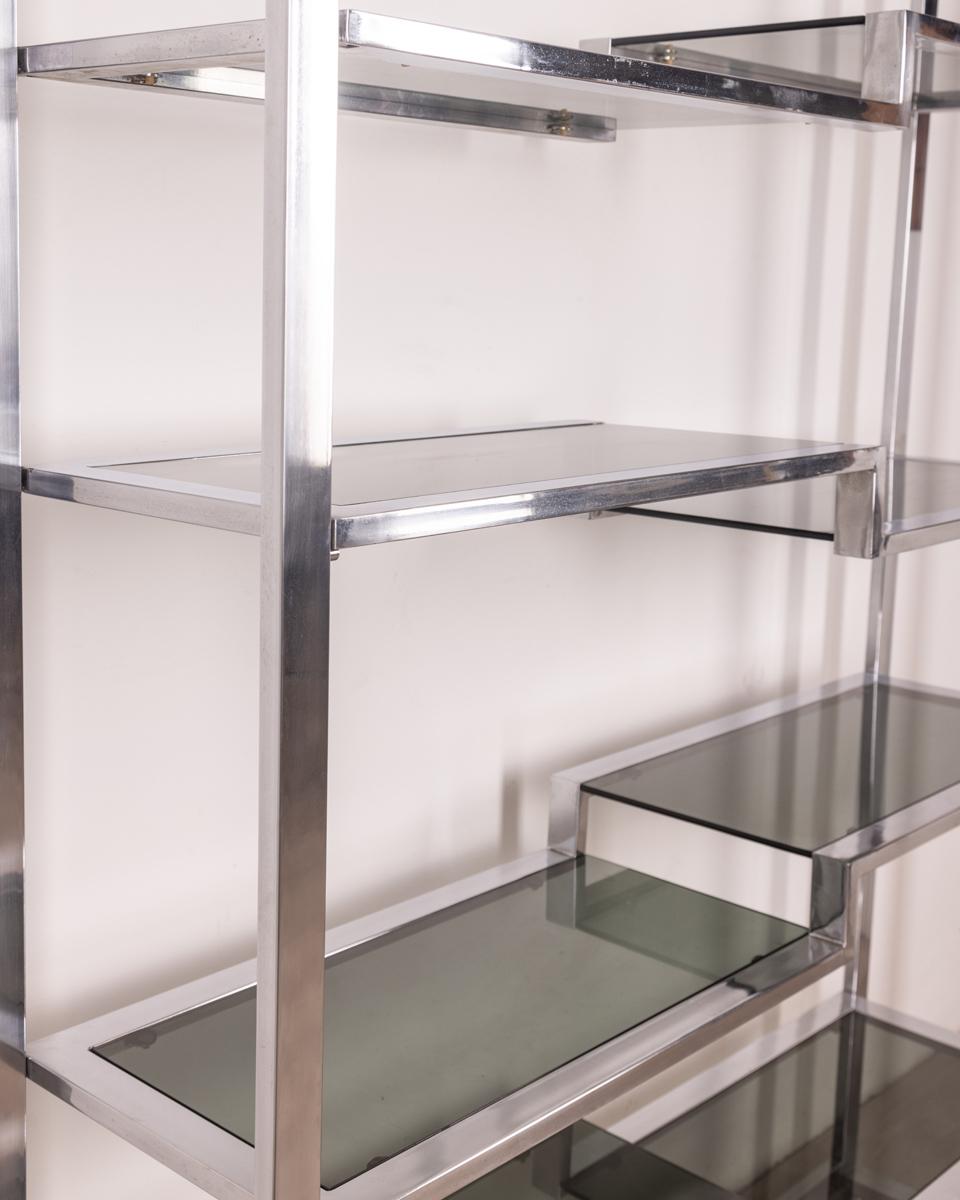 Bibliothèque vintage des années 70 en métal chromé et verre design italien 1
