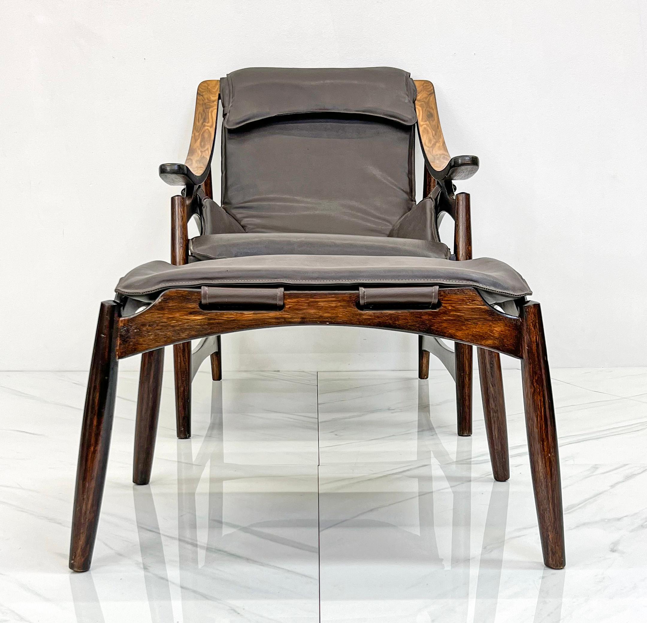 Leather Liceu de Artes e Oficios Rosewood Lounge Chair and Ottoman  For Sale