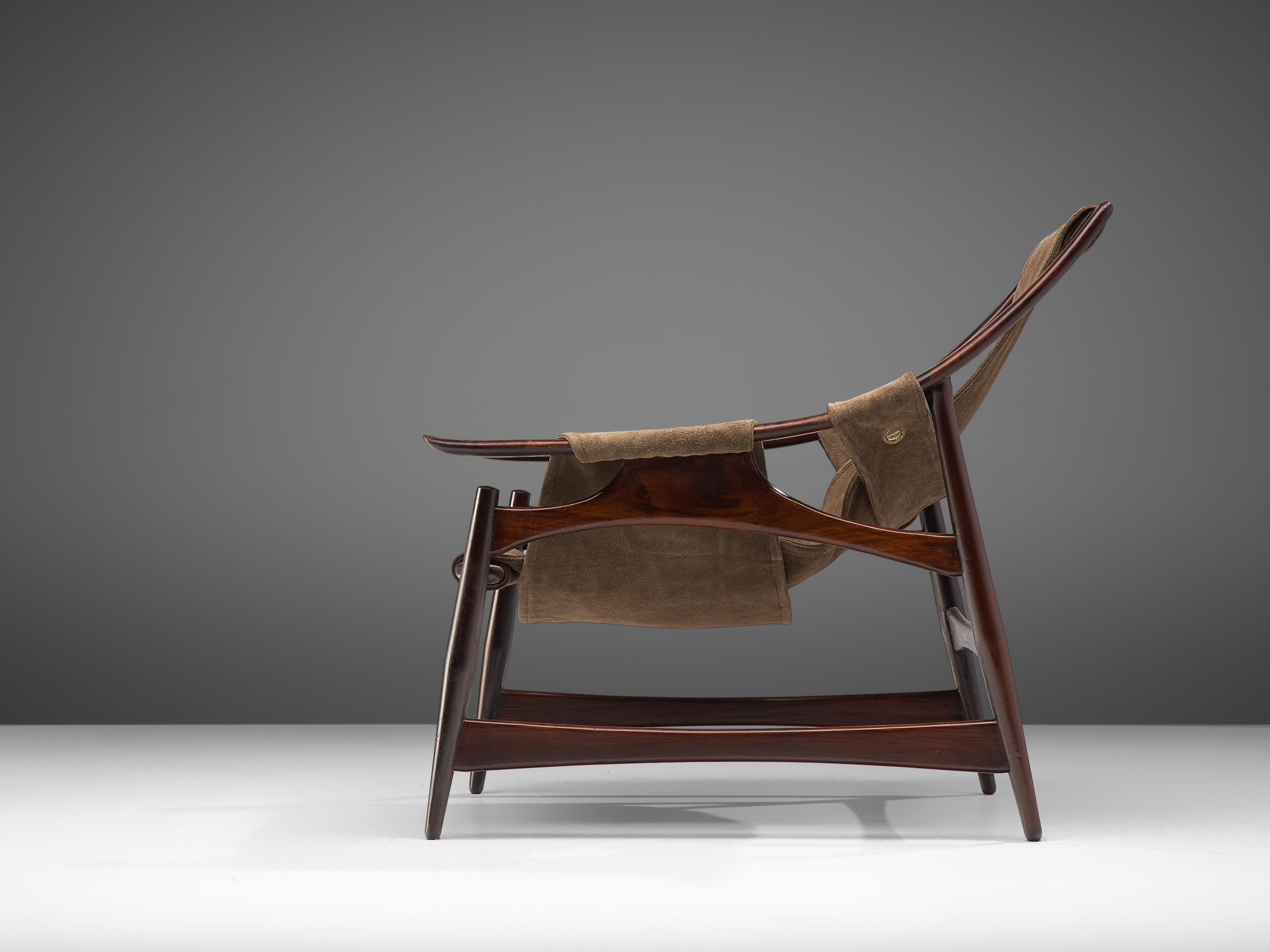 Mid-Century Modern Liceu de Artes e Ofícios Lounge Chair in Imbuia and Brown Suede