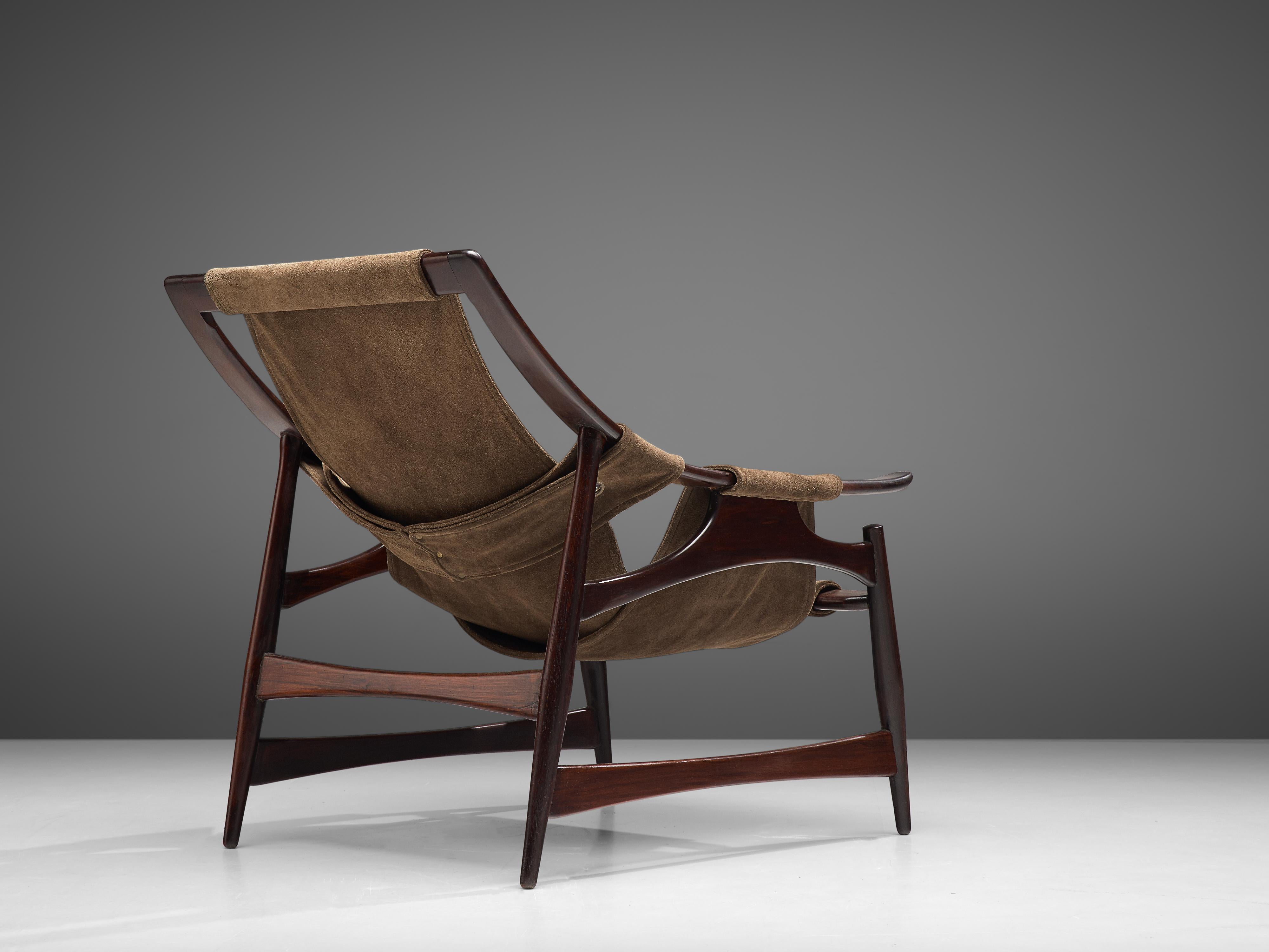 Liceu de Artes e Ofícios Lounge Chair in Imbuia and Brown Suede In Good Condition In Waalwijk, NL