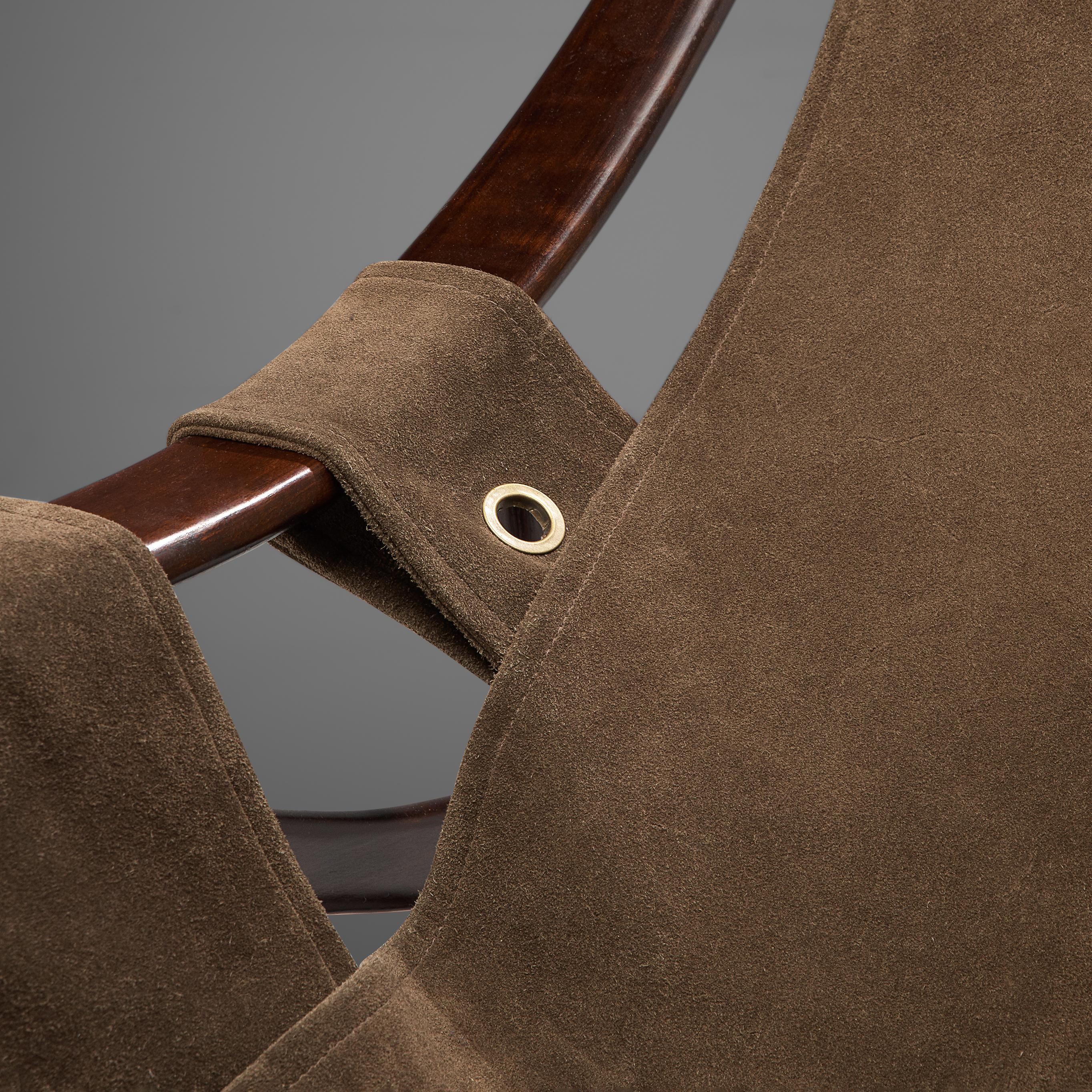 Mid-20th Century Liceu de Artes e Ofícios Lounge Chair in Imbuia and Brown Suede