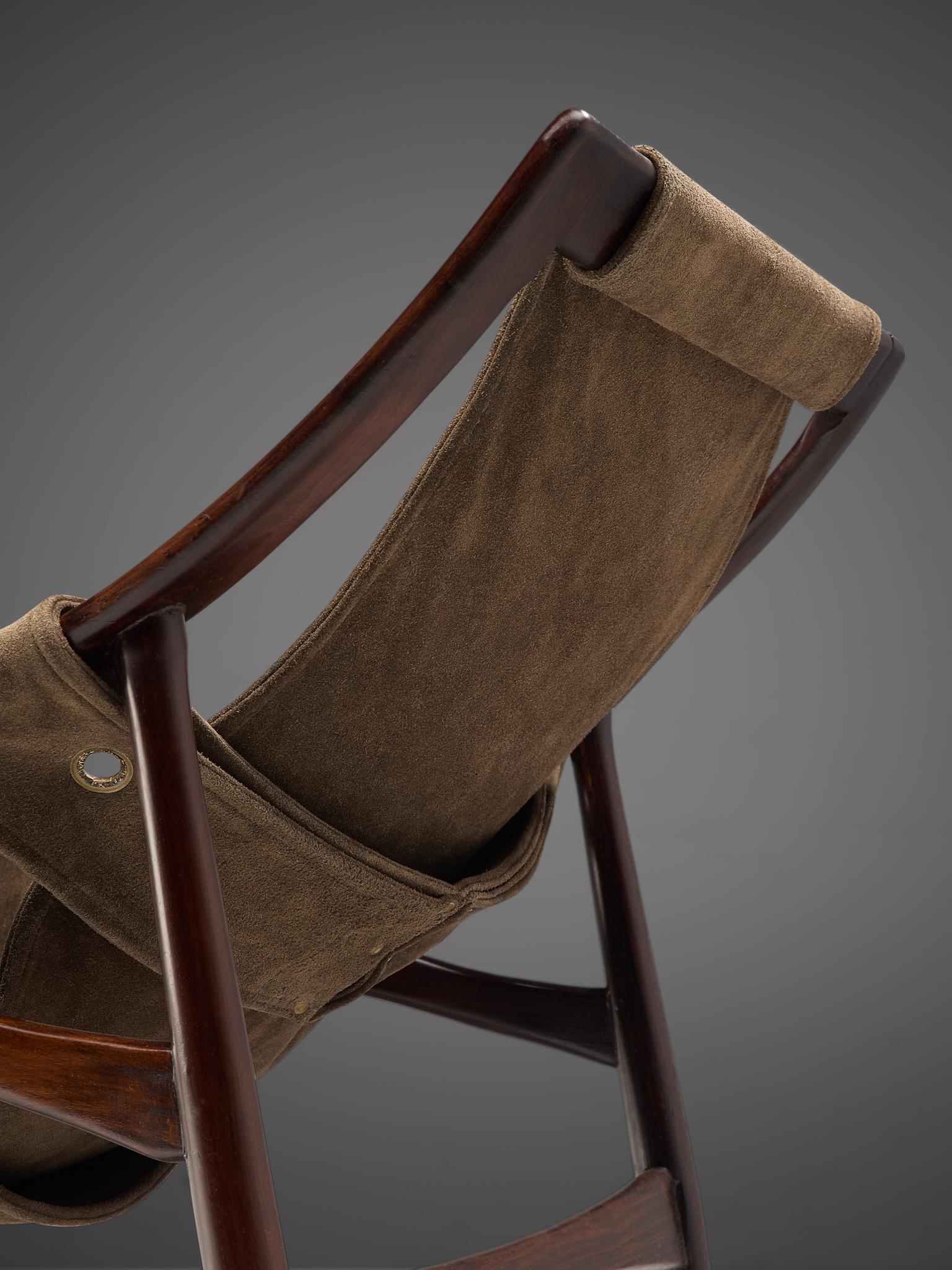 Brazilian Liceu De Artes Sao Paulo Lounge Chair in Imbuia and Brown Suede