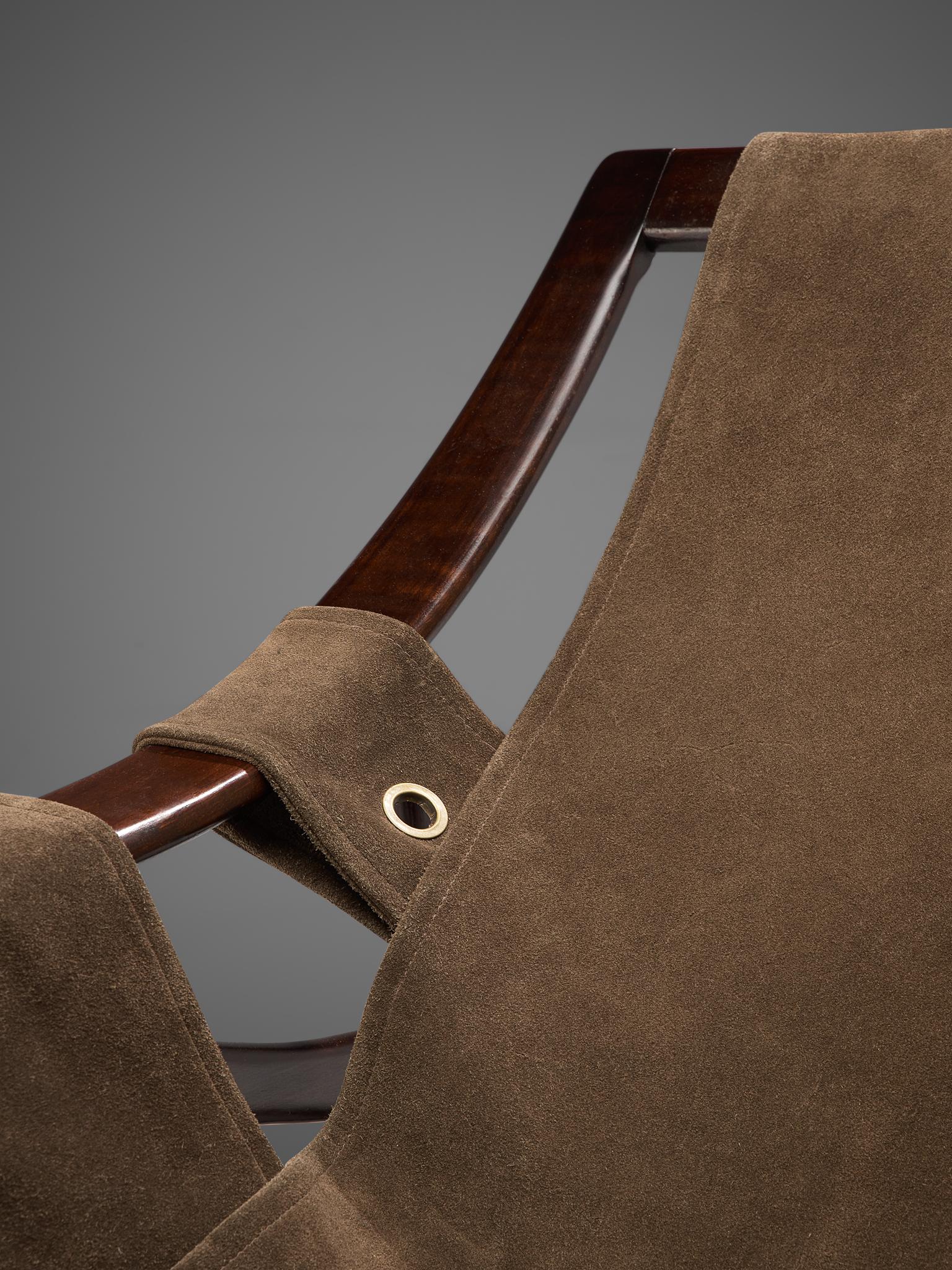 Liceu De Artes Sao Paulo Lounge Chair in Imbuia and Brown Suede In Good Condition In Waalwijk, NL