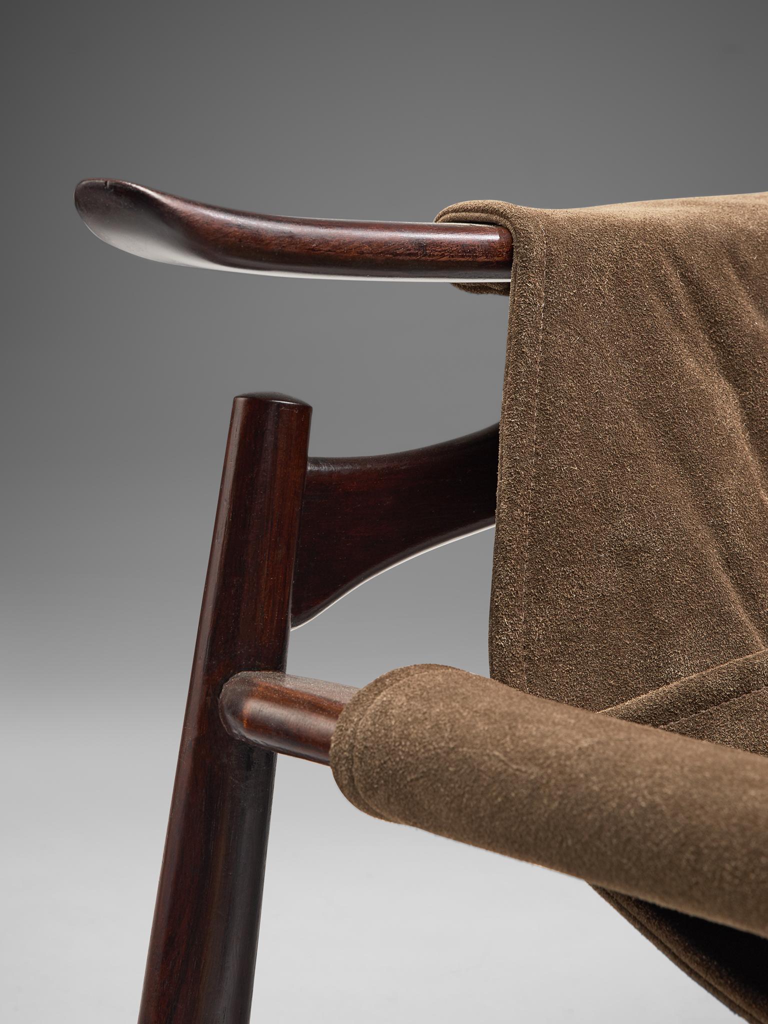 Mid-20th Century Liceu De Artes Sao Paulo Lounge Chair in Imbuia and Brown Suede