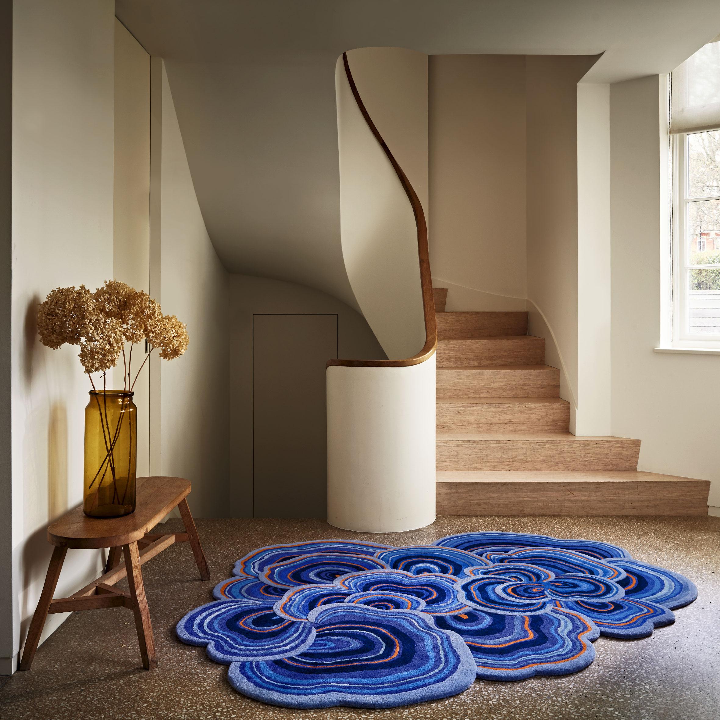 Modern Lichen Blue Orange Organic Vibrant Natural Rug Standard Size For Sale