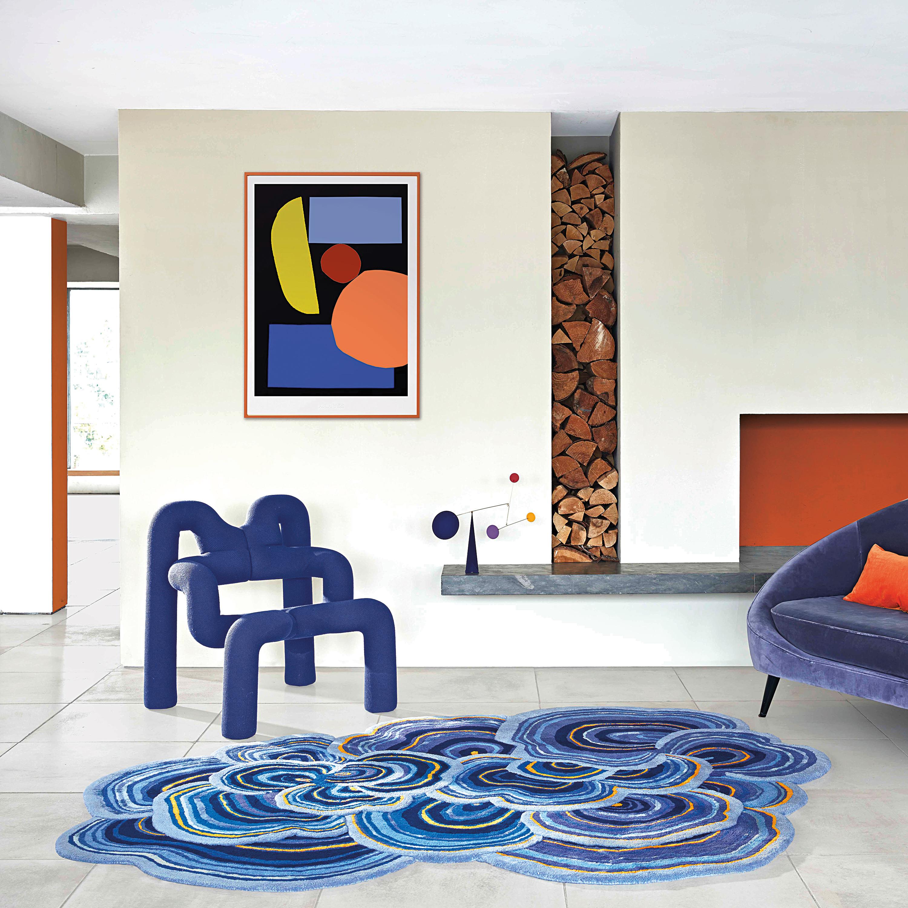 British Lichen Blue Orange Organic Vibrant Natural Rug Standard Size For Sale