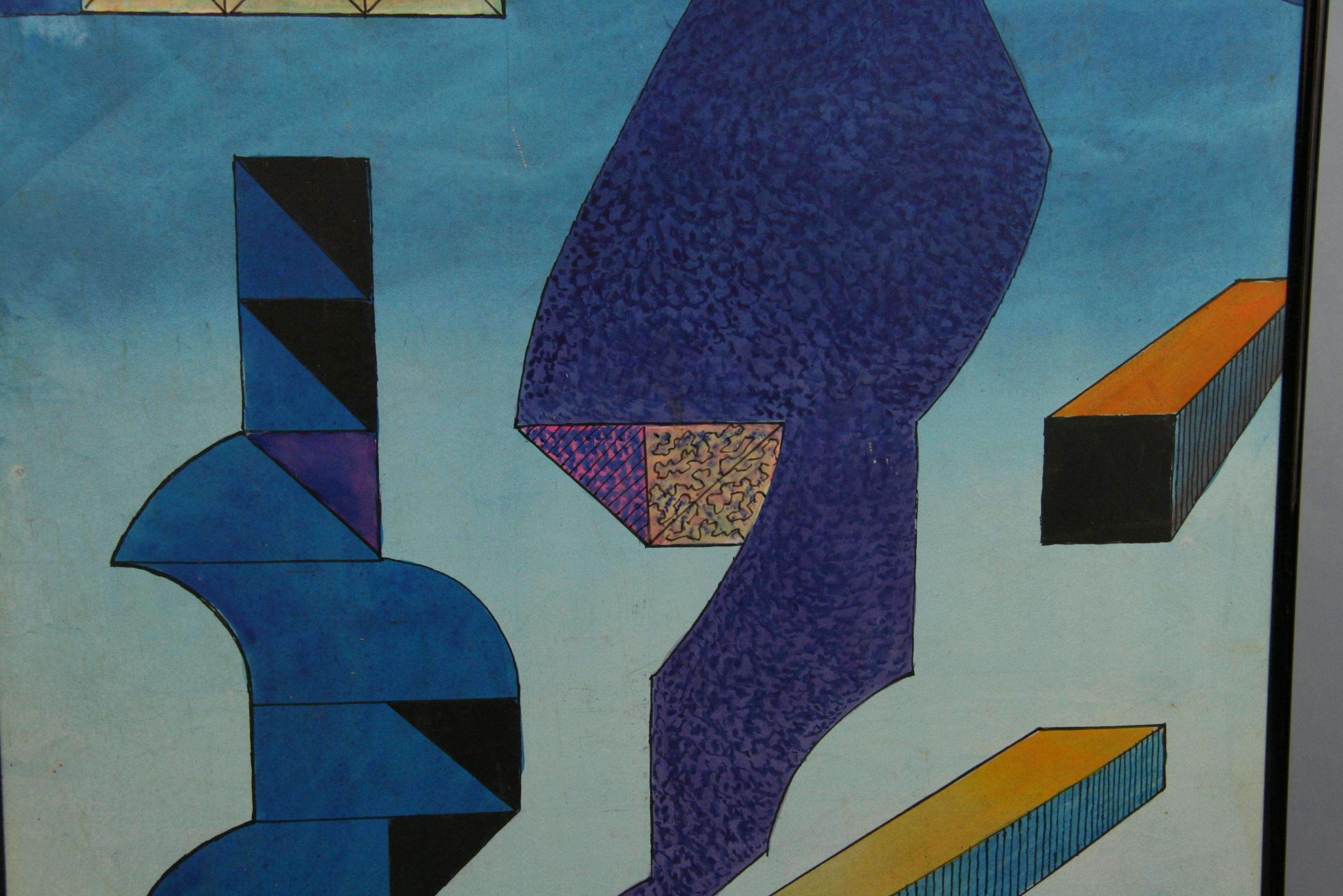 Large Blue Acrylic Geometric Abstract on Board 1966 1