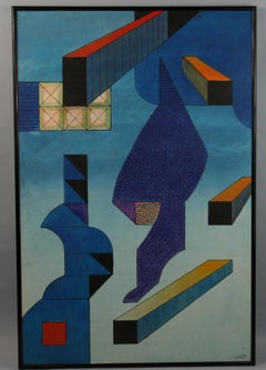 Blue Acrylic Geometric Abstract on Board 1966