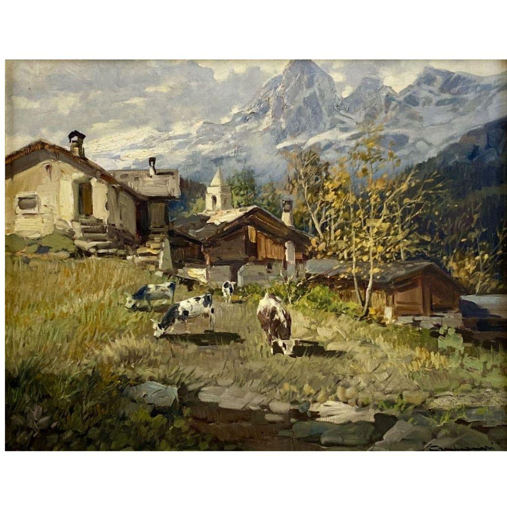 Tal von Champoluc - Pilaz von Licinio Campagnari - Öl auf Leinwand im Angebot 1
