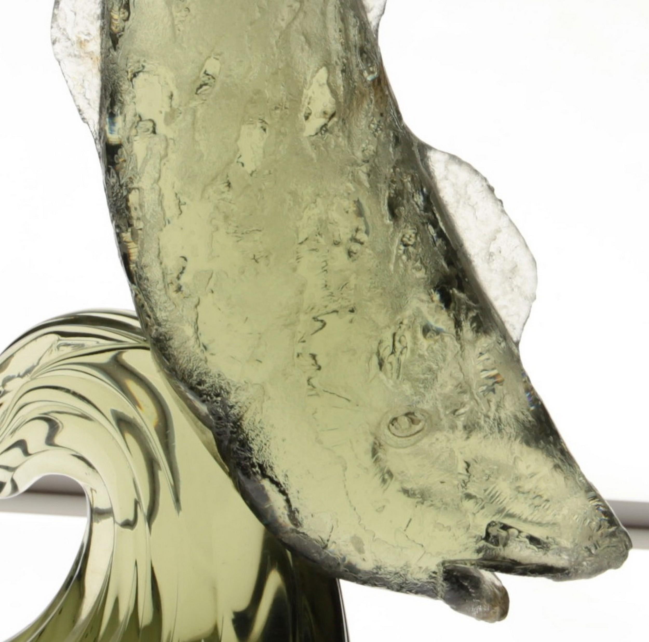 Licio Zanetti, Deep Corroso Fish on Base, Murano Glass Quartz Green, Signed, 70s 6