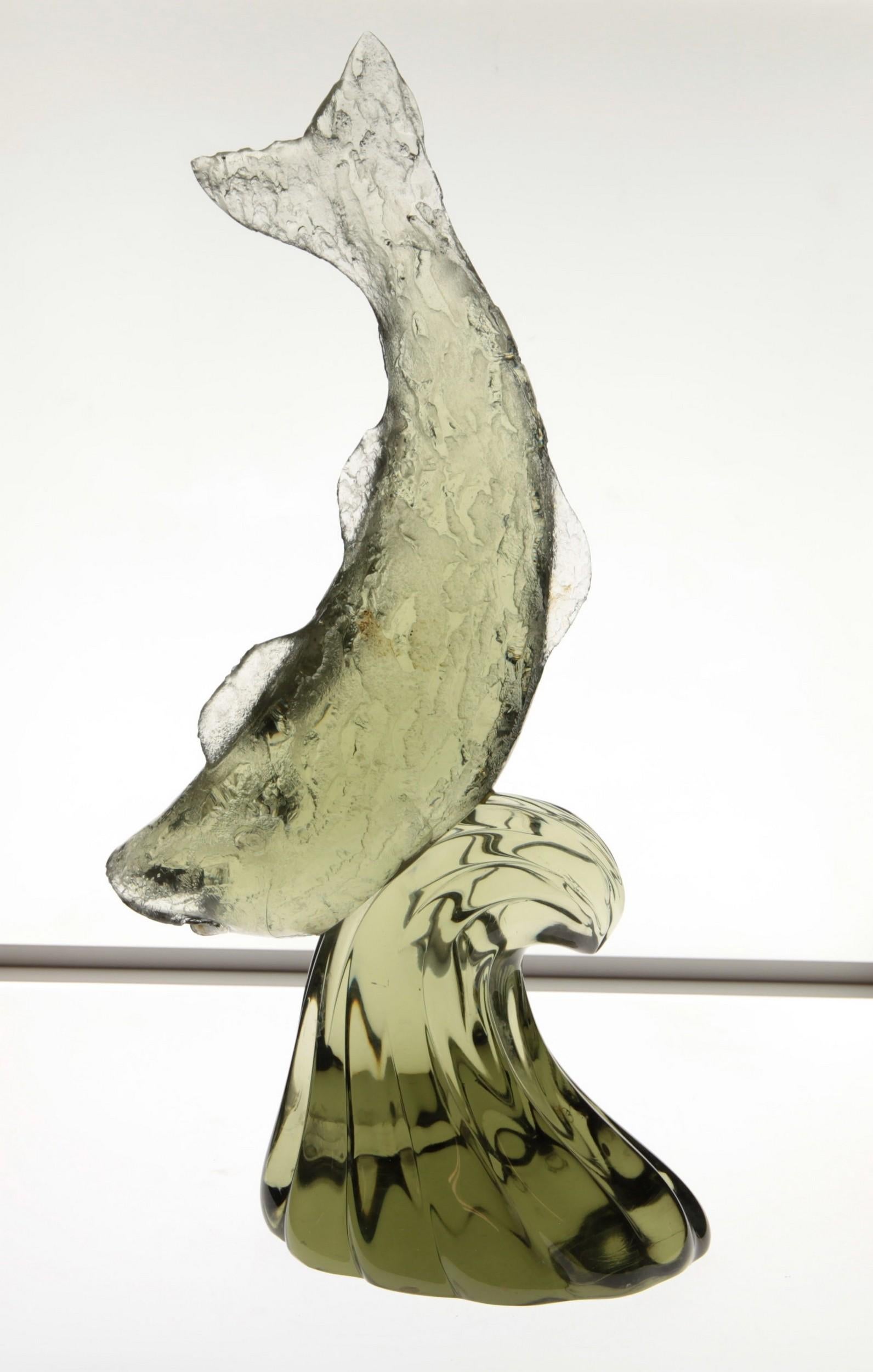 Italian Licio Zanetti, Deep Corroso Fish on Base, Murano Glass Quartz Green, Signed, 70s