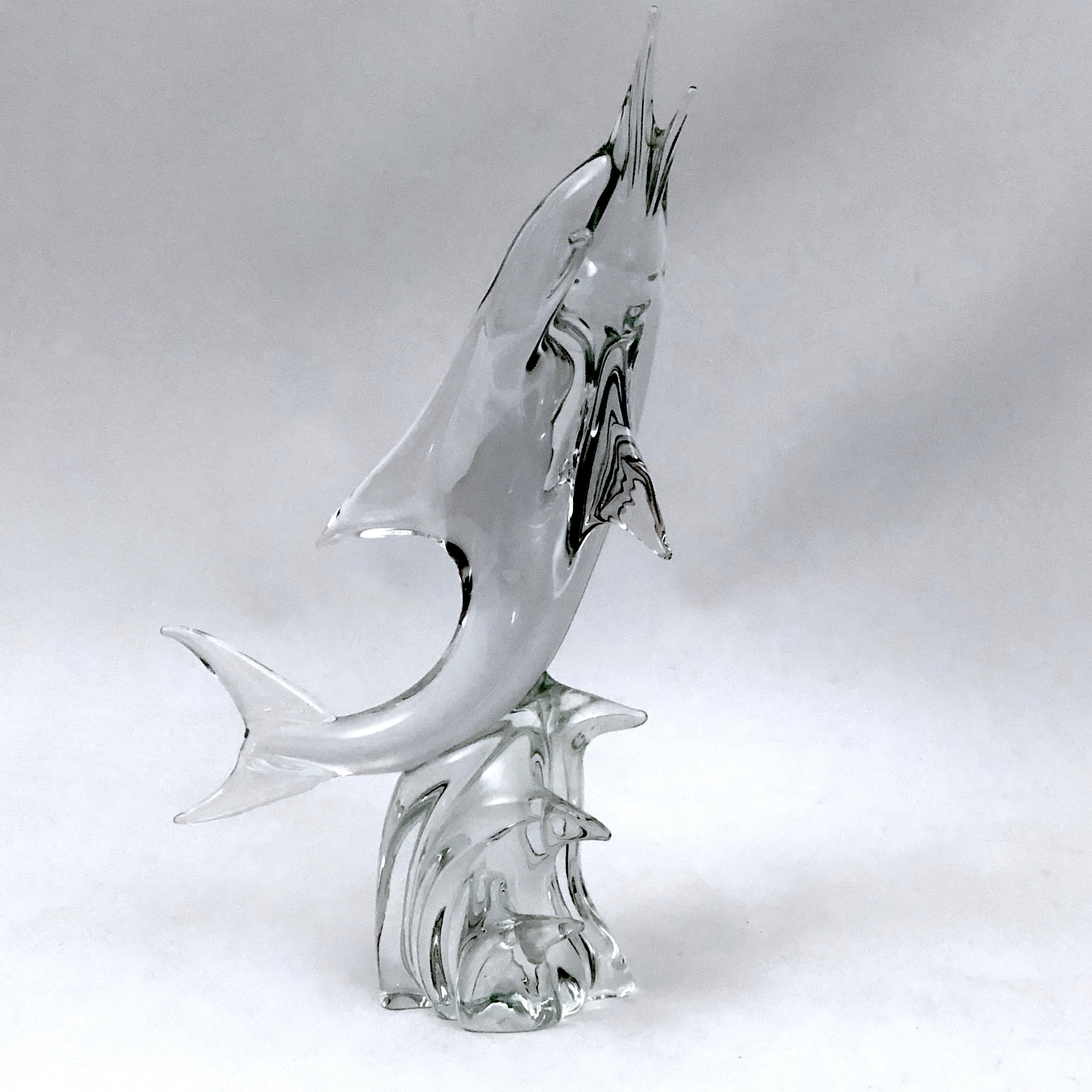 Mid-Century Modern Licio Zanetti, Large Mid-Century Murano Glass Dolphin Sculpture from 60s For Sale