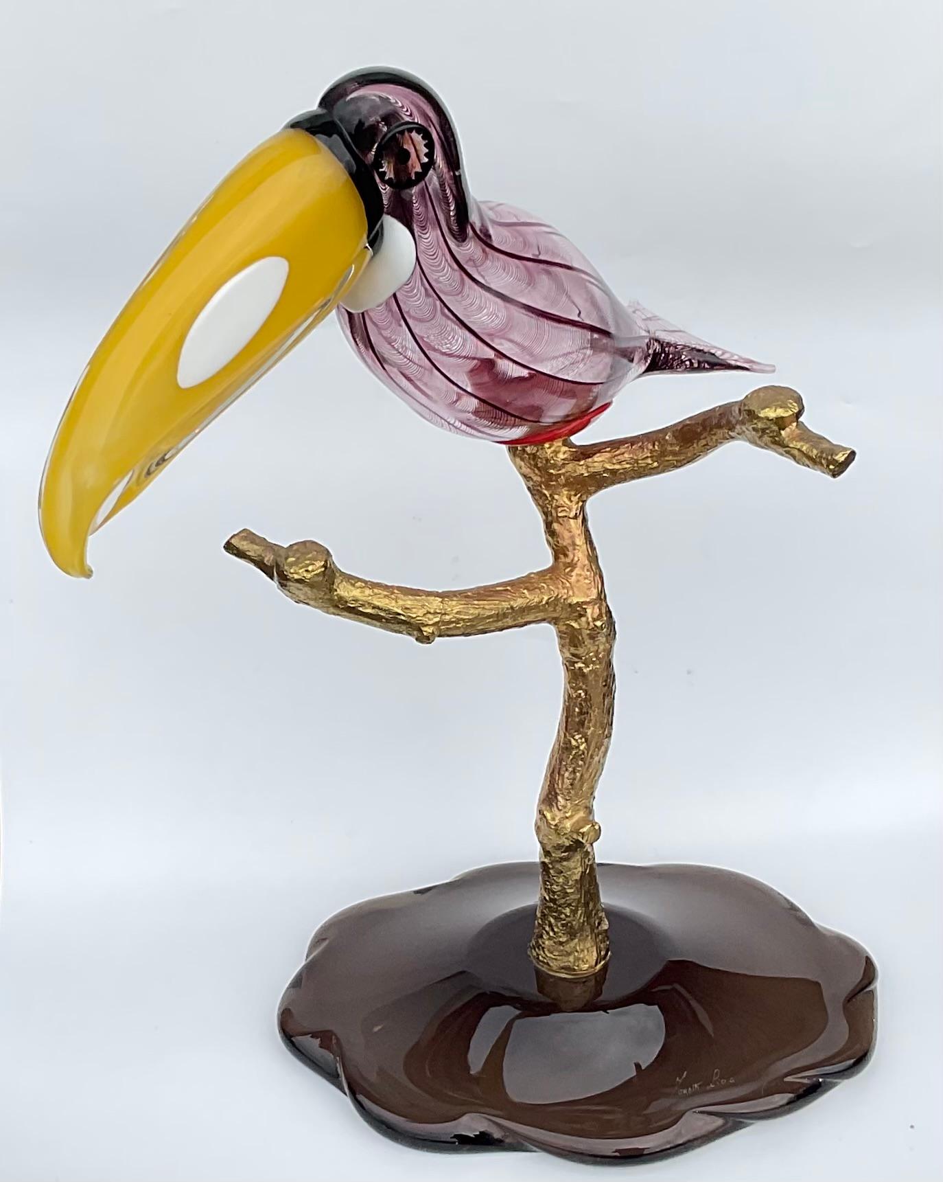 Licio Zanetti Large Murano Art glass Toucan Bird Sculpture on brass perch Signed By the artist on base as pictured. The toucan can be removed and placed at different angles. The sculpture breaks down into 3 separate pieces as designed. 