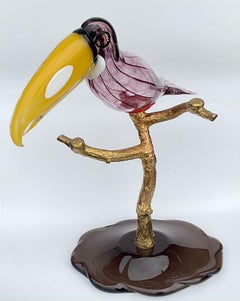 Licio Zanetti Large Murano Art glass Toucan Bird Sculpture on brass perch Signed