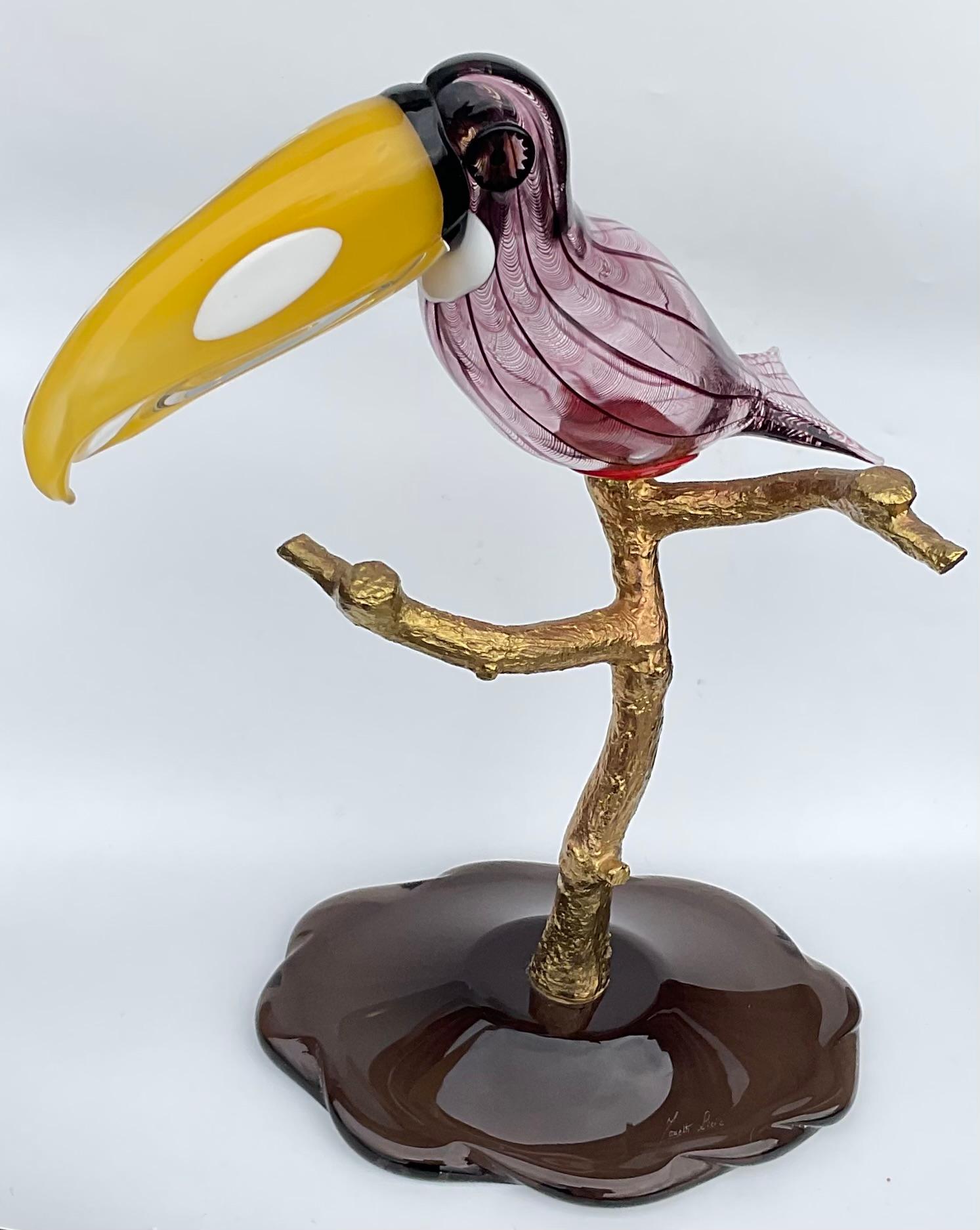 Italian Licio Zanetti Large Murano Art glass Toucan Bird Sculpture on brass perch Signed