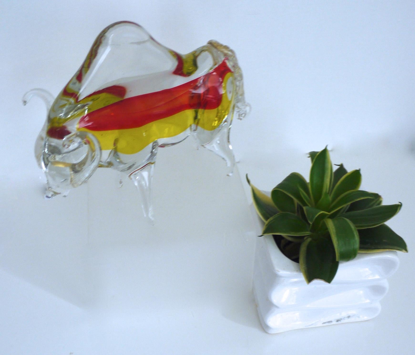 Italian Licio Zanetti Large Murano Bull Sculpture with Red and Yellow Inclusions, 1970 For Sale