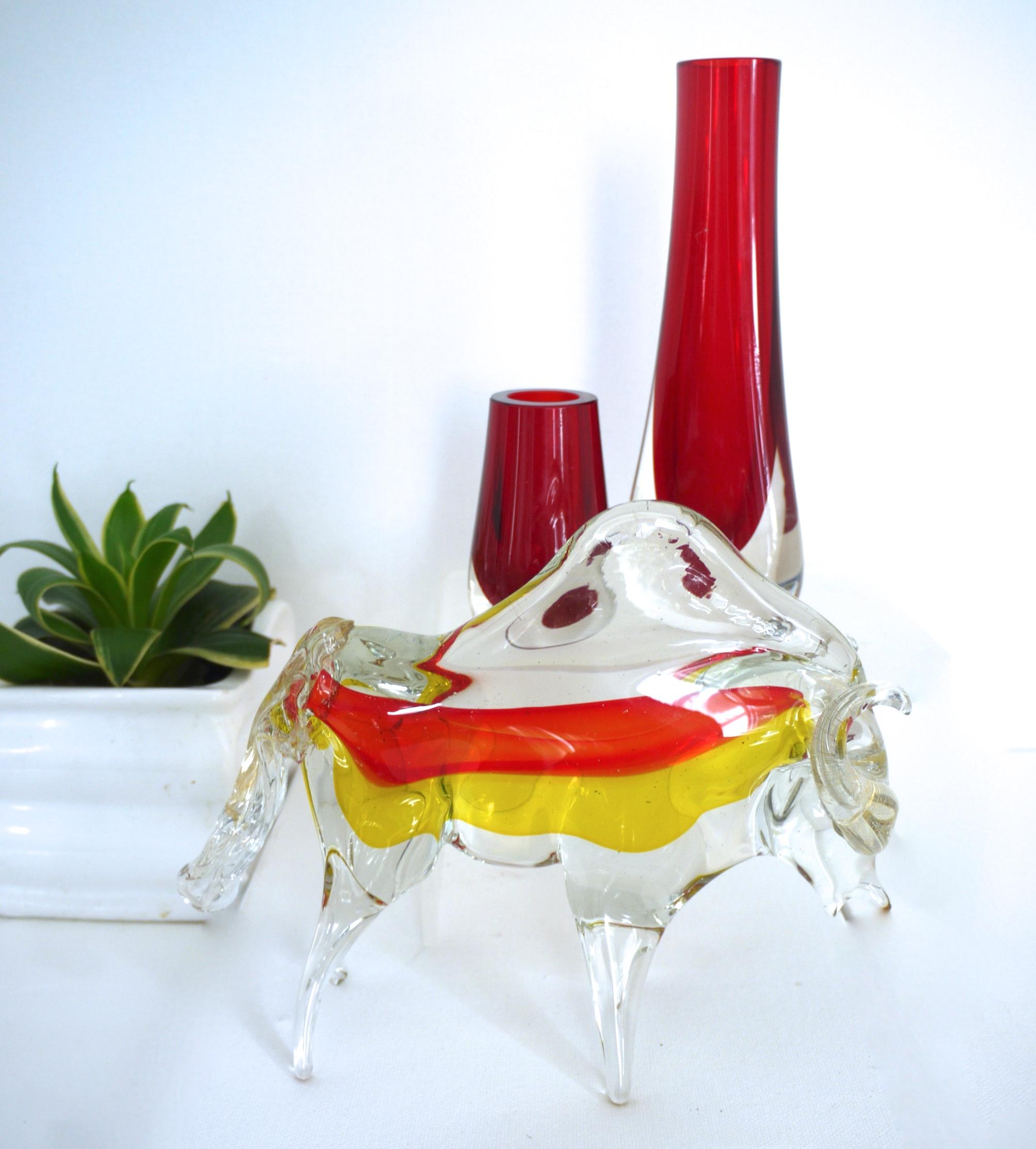 Blown Glass Licio Zanetti Large Murano Bull Sculpture with Red and Yellow Inclusions, 1970 For Sale