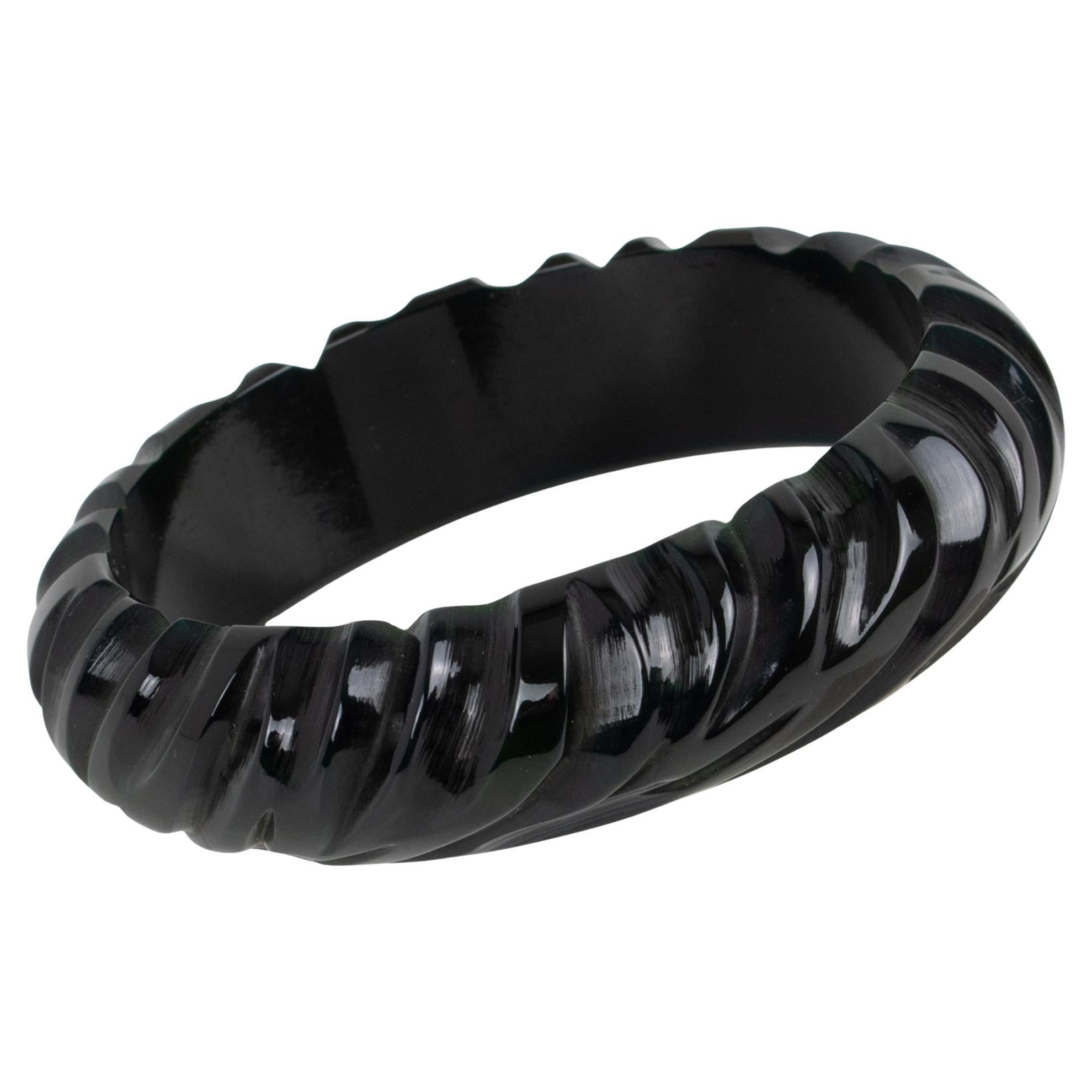 Licorice Bakelite Bracelet Bangle with Carving