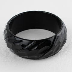 Licorice Black Bakelite Bracelet Bangle with Geometric Carving