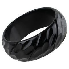 Licorice Black Bakelite Bracelet Bangle with Geometric Carving