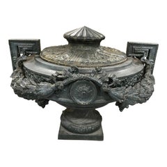 Lidded 19th Century Cast Iron Green Urn with Top