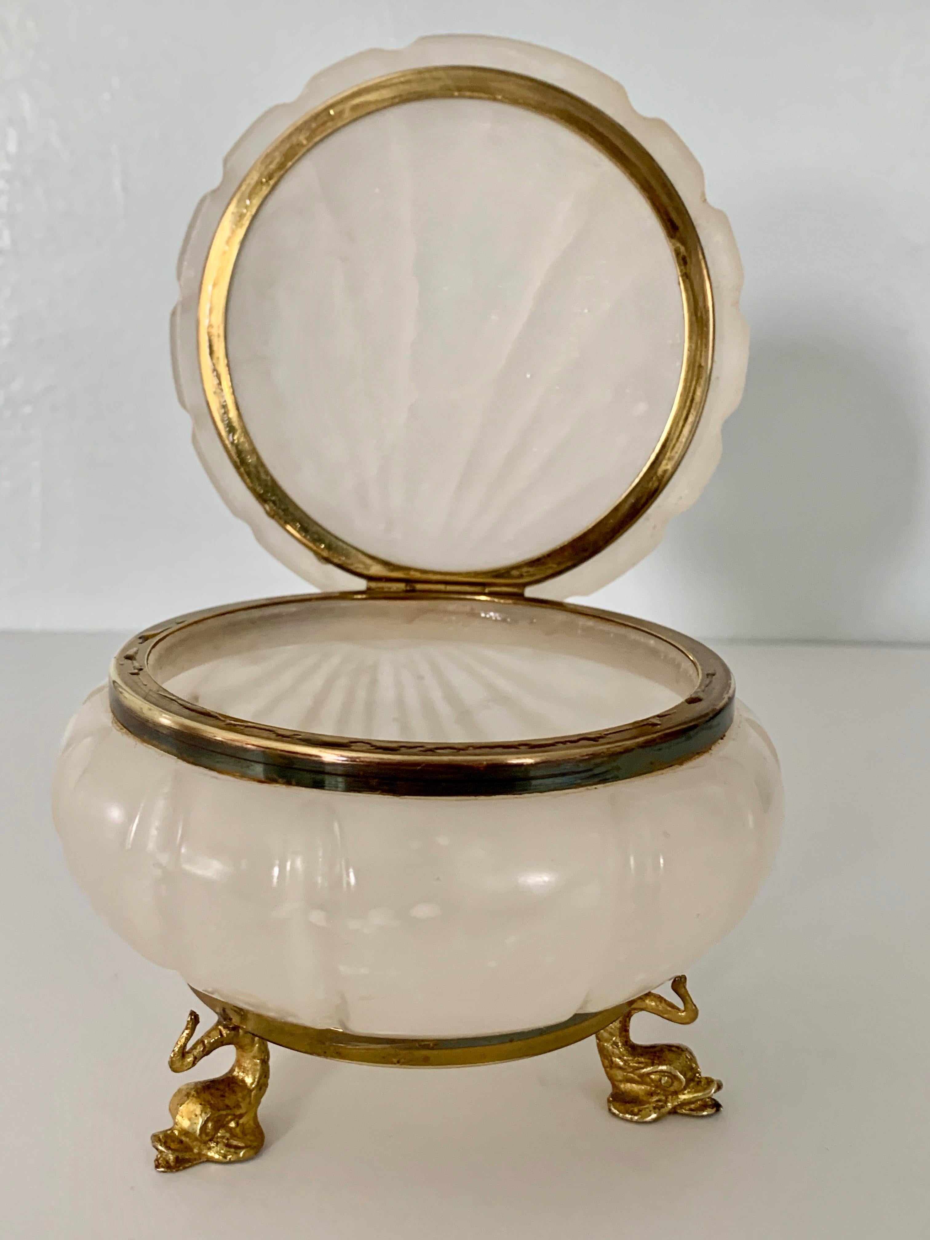 Brass Lidded Alabaster shell Box with Dolphin Feet