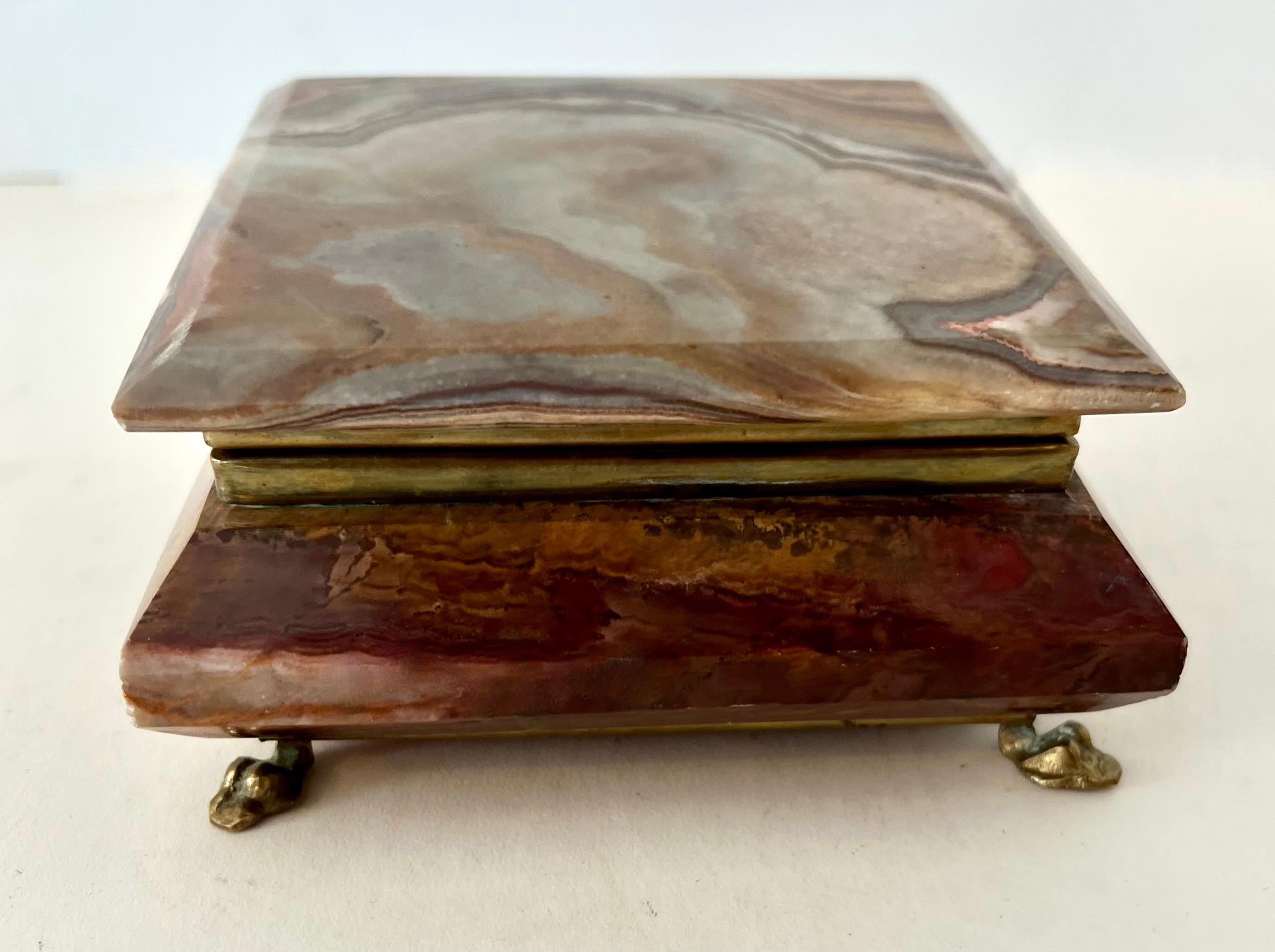 Patinated Lidded Alabaster Stash or 420 Box on Brass Paw Feet with Red Lined Interior For Sale